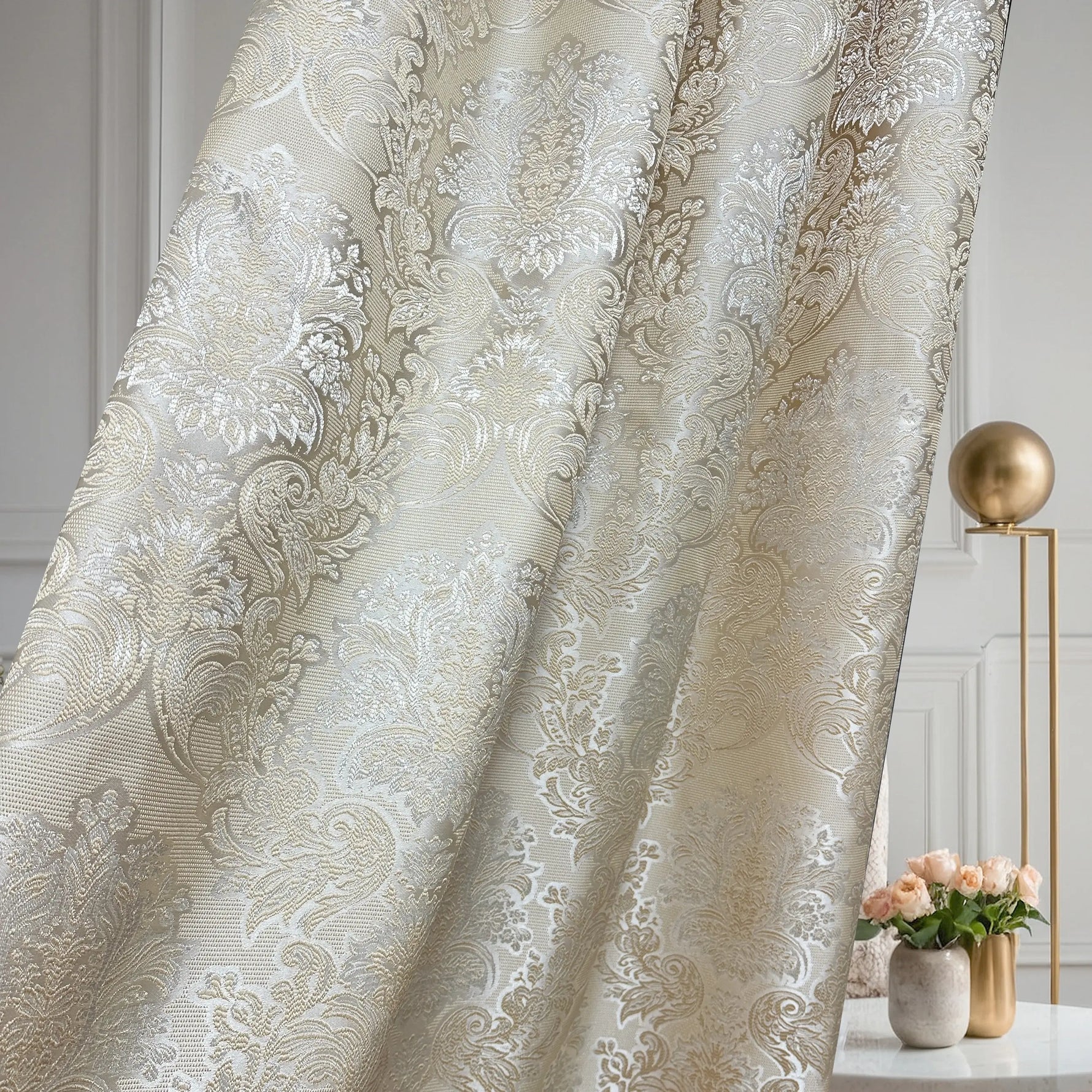 Jacquard Curtains Ivory Beige for Luxury Bedroom, Custom Damask Patterned 