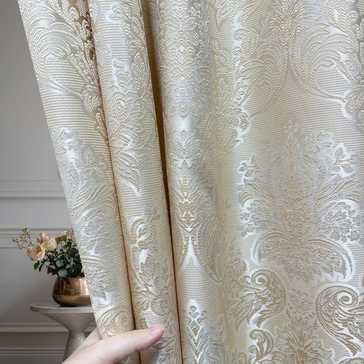 Jacquard Curtains Ivory Beige for Luxury Bedroom, Custom Damask Patterned 