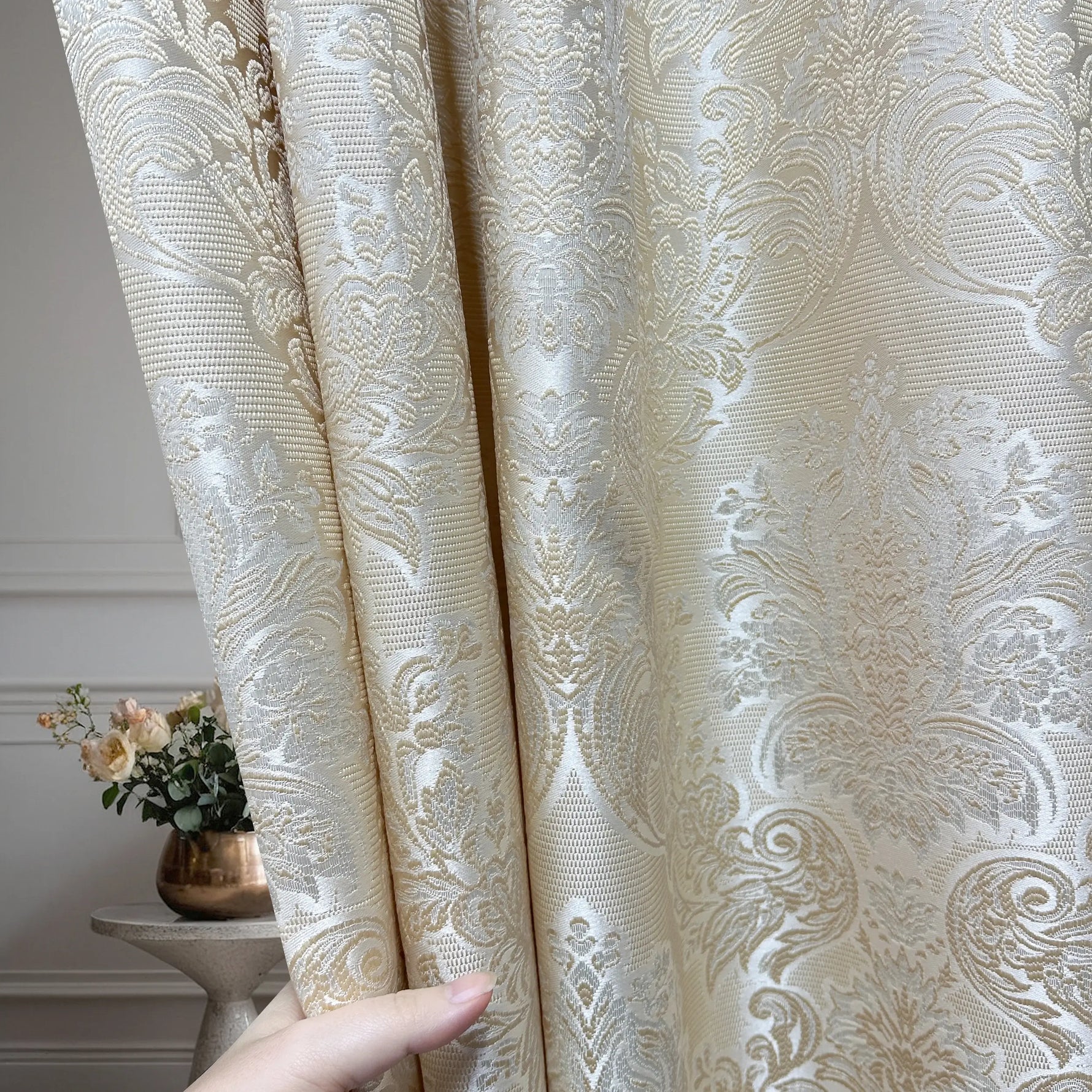 Jacquard Curtains Ivory Beige for Luxury Bedroom, Custom Damask Patterned 