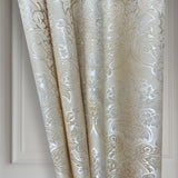 Ivory beige jacquard curtain fabric sample with floral damask texture