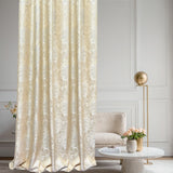Ivory beige jacquard curtain fabric sample with floral damask texture