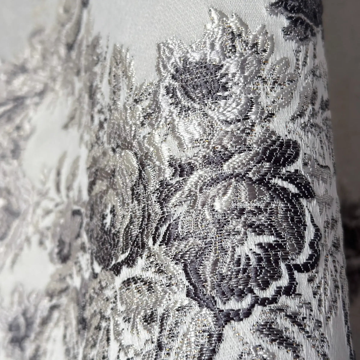 Luxury silver gray Victorian damask jacquard curtains with floral pattern and elegant textured fabric