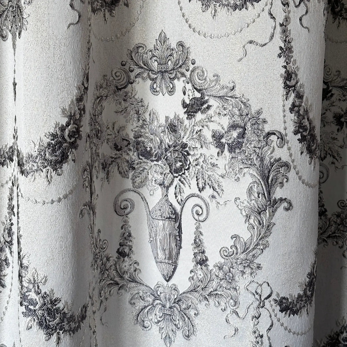Luxury silver gray Victorian damask jacquard curtains with floral pattern and elegant textured fabric