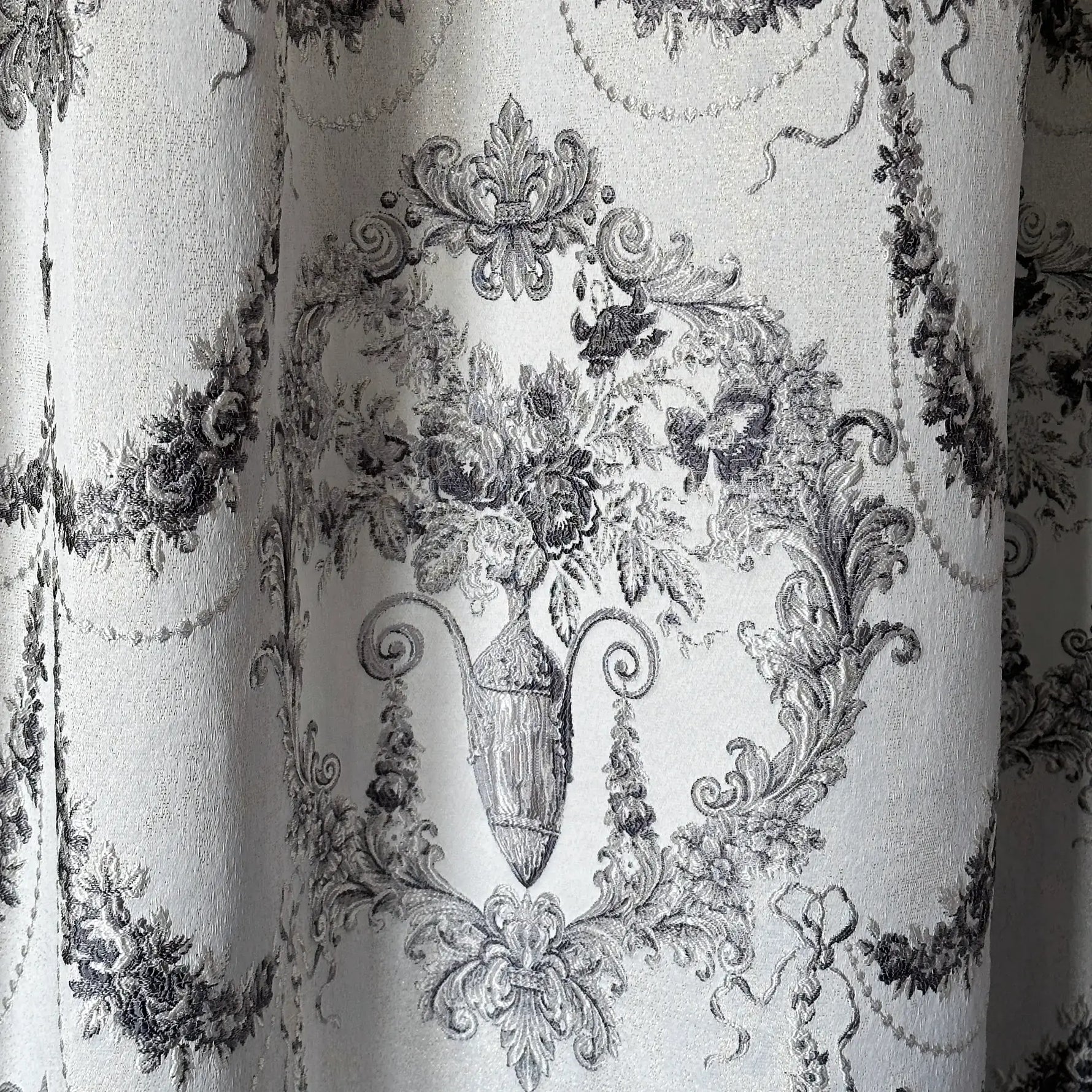 Luxury silver gray Victorian damask jacquard curtains with floral pattern and elegant textured fabric