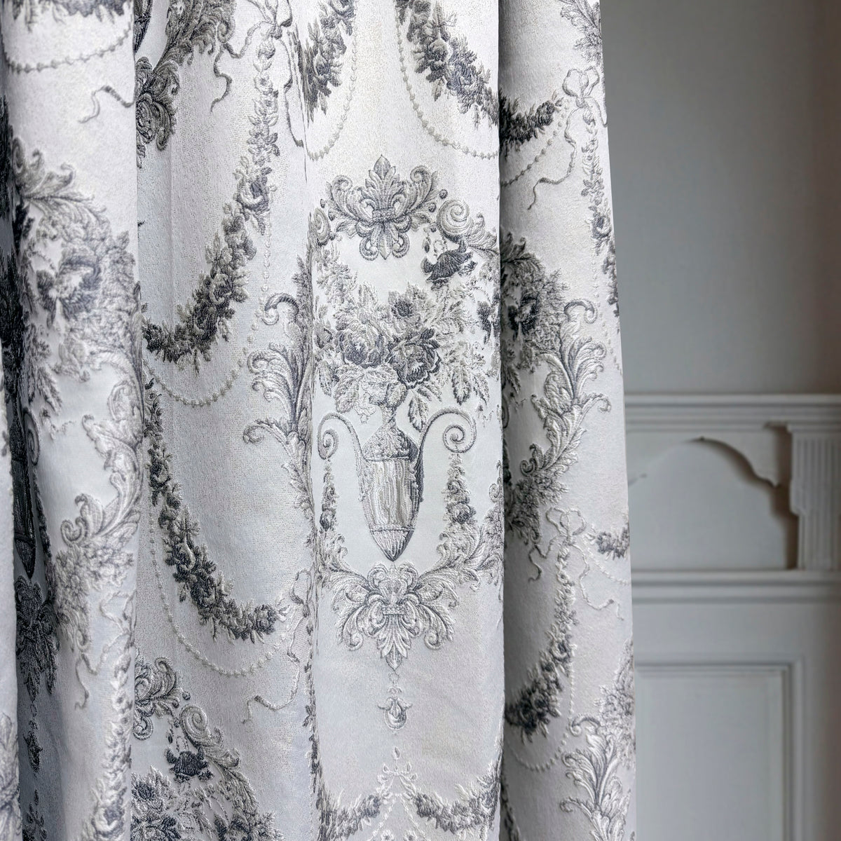 Luxury silver gray Victorian damask jacquard curtains with floral pattern and elegant textured fabric