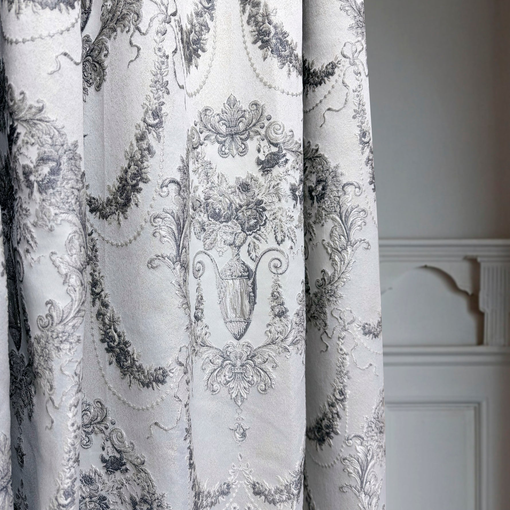 Luxury silver gray Victorian damask jacquard curtains with floral pattern and elegant textured fabric