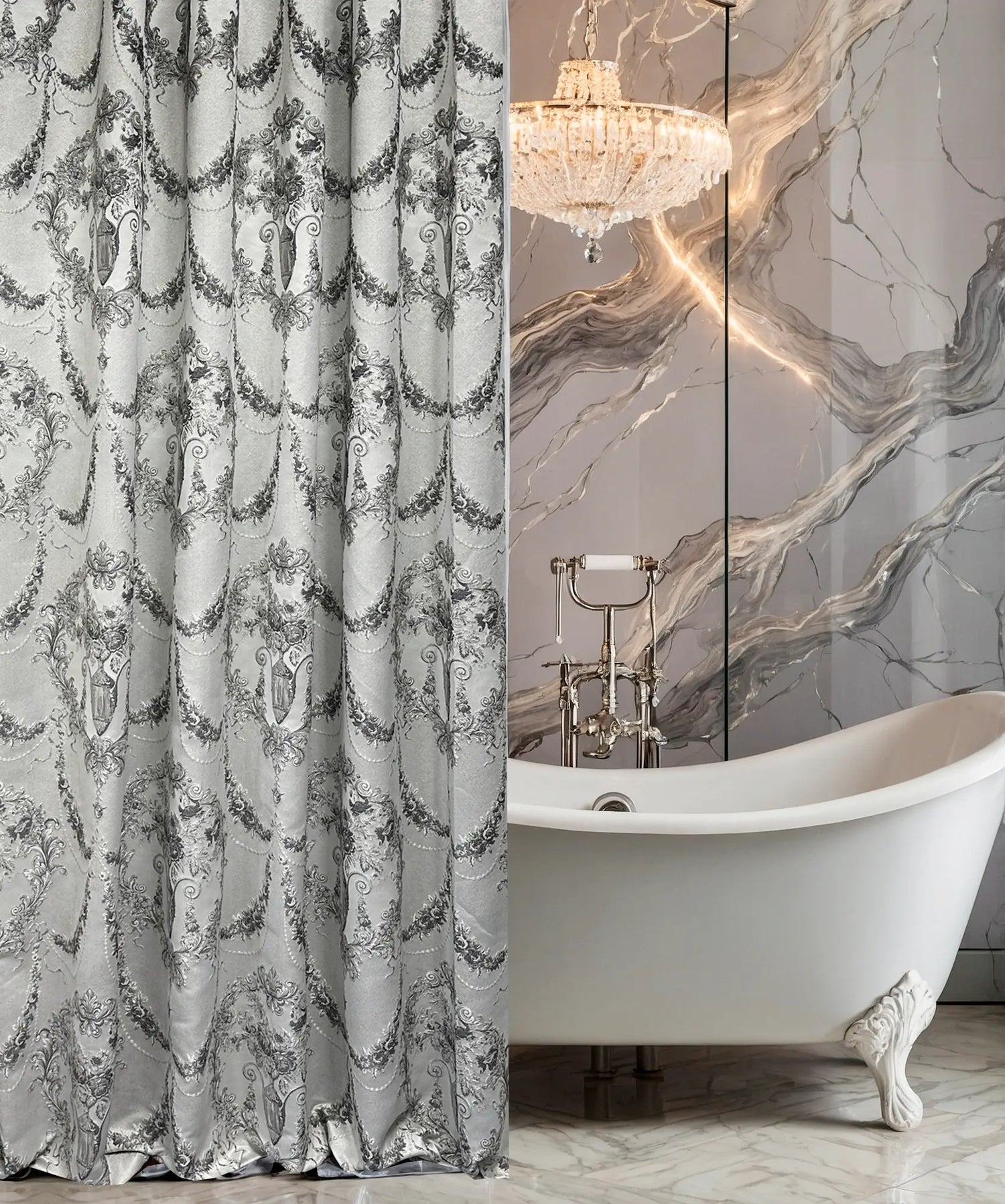 Decorative shower curtain with intricate patterns in a bathroom setting with marble walls and a freestanding bathtub.