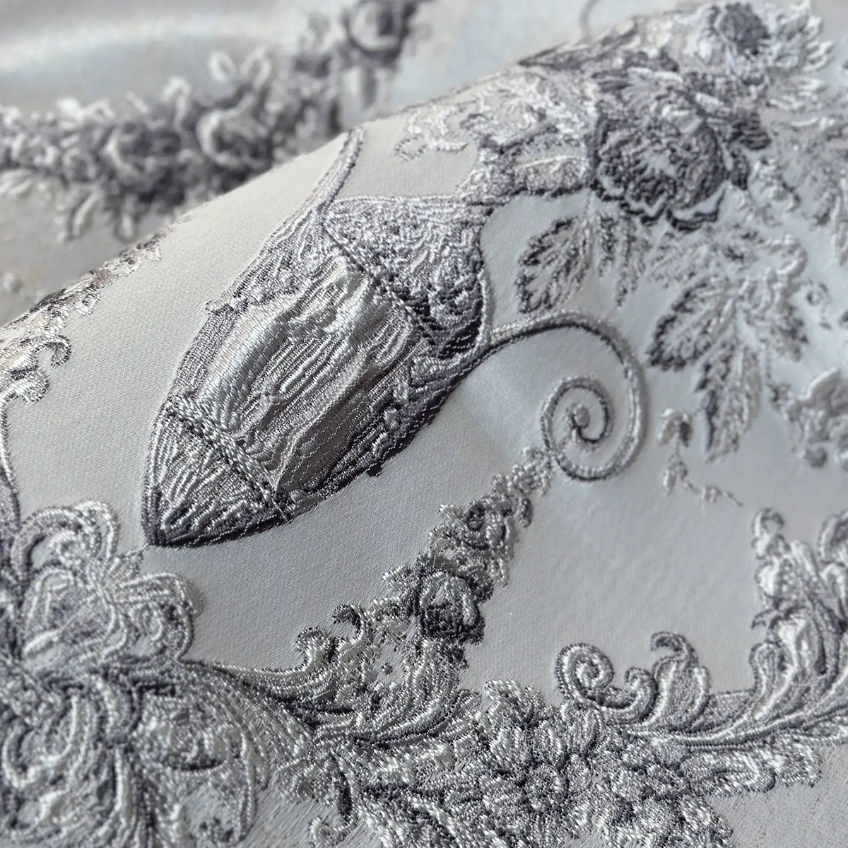 Luxury silver gray Victorian damask jacquard curtains with floral pattern and elegant textured fabric