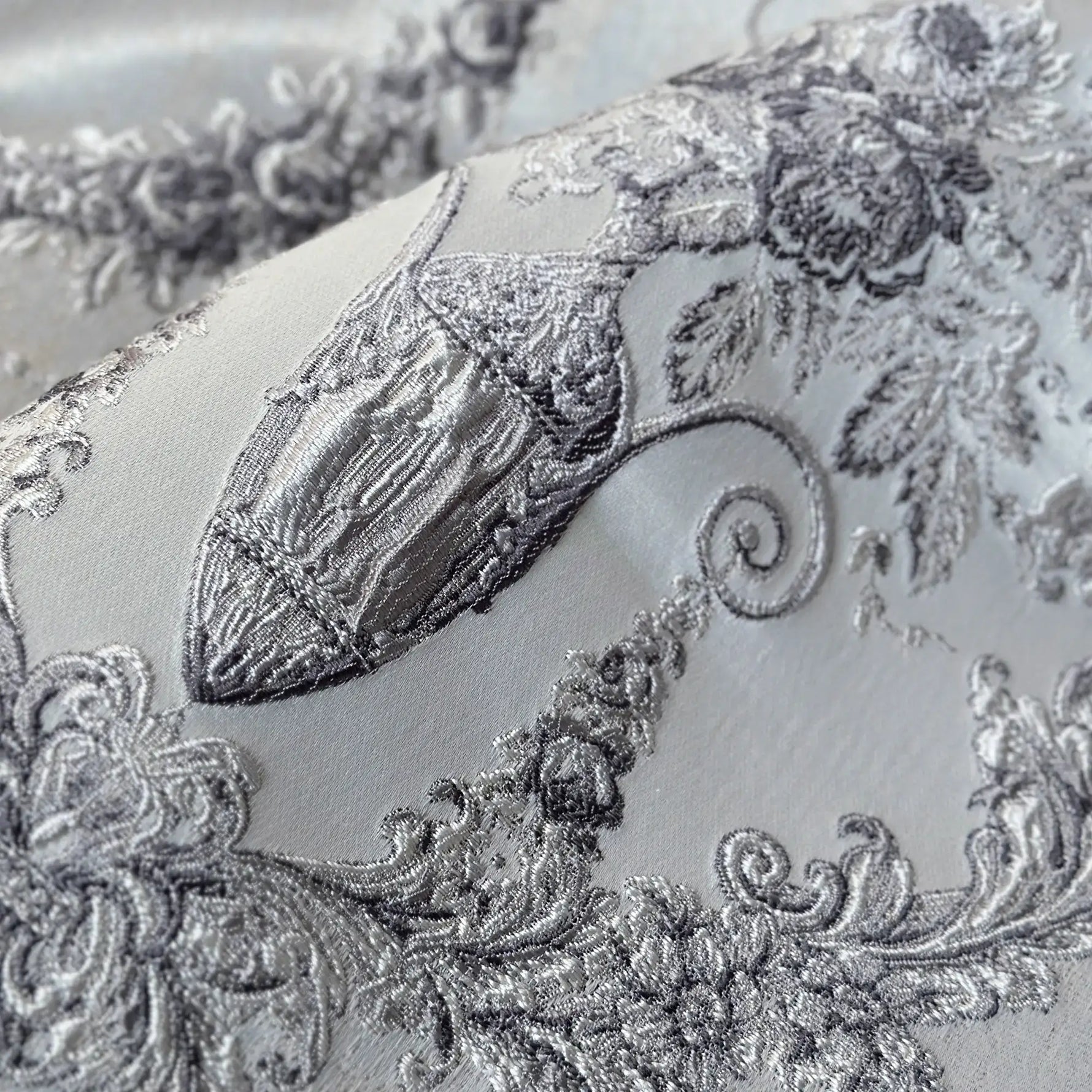 Luxury silver gray Victorian damask jacquard curtains with floral pattern and elegant textured fabric
