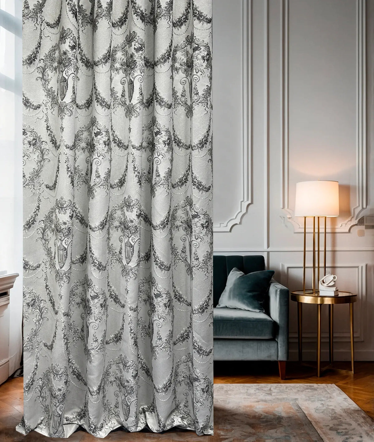 Luxury silver gray Victorian damask jacquard curtains with floral pattern and elegant textured fabric