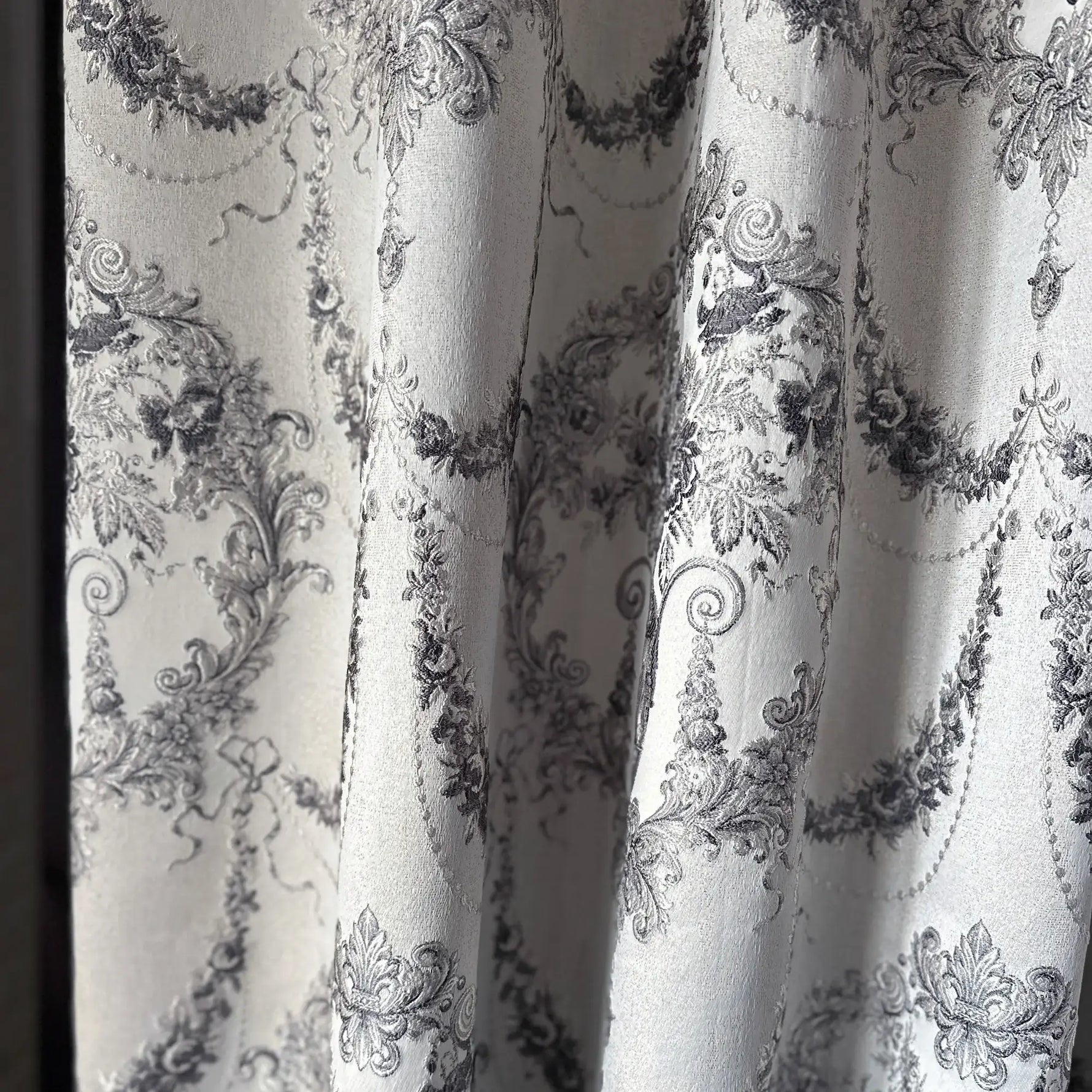 Luxury silver gray Victorian damask jacquard curtains with floral pattern and elegant textured fabric