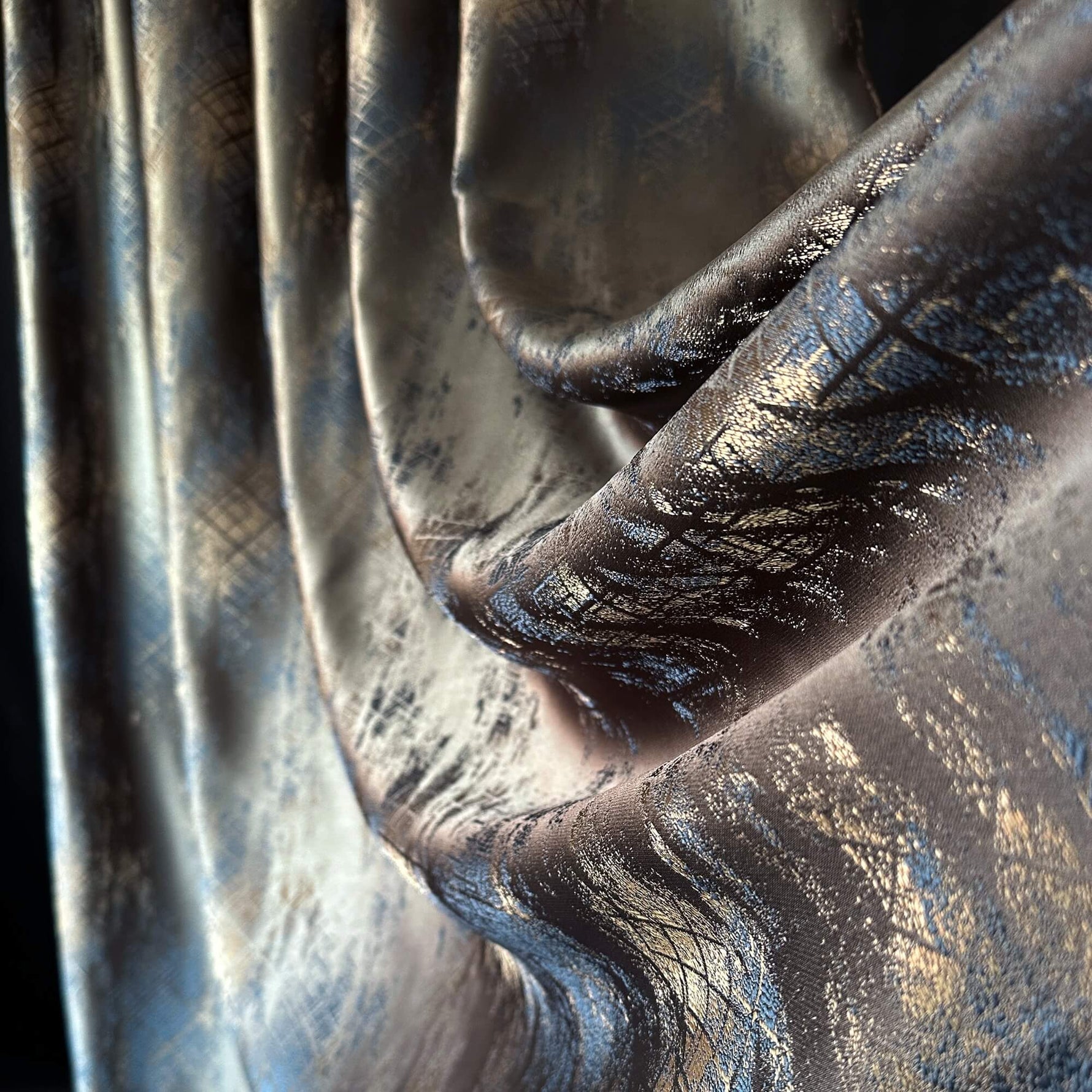 Сurtains Abstract Patterned, Custom Made for Modern Window Decor, Brown Gray with Blue Accents