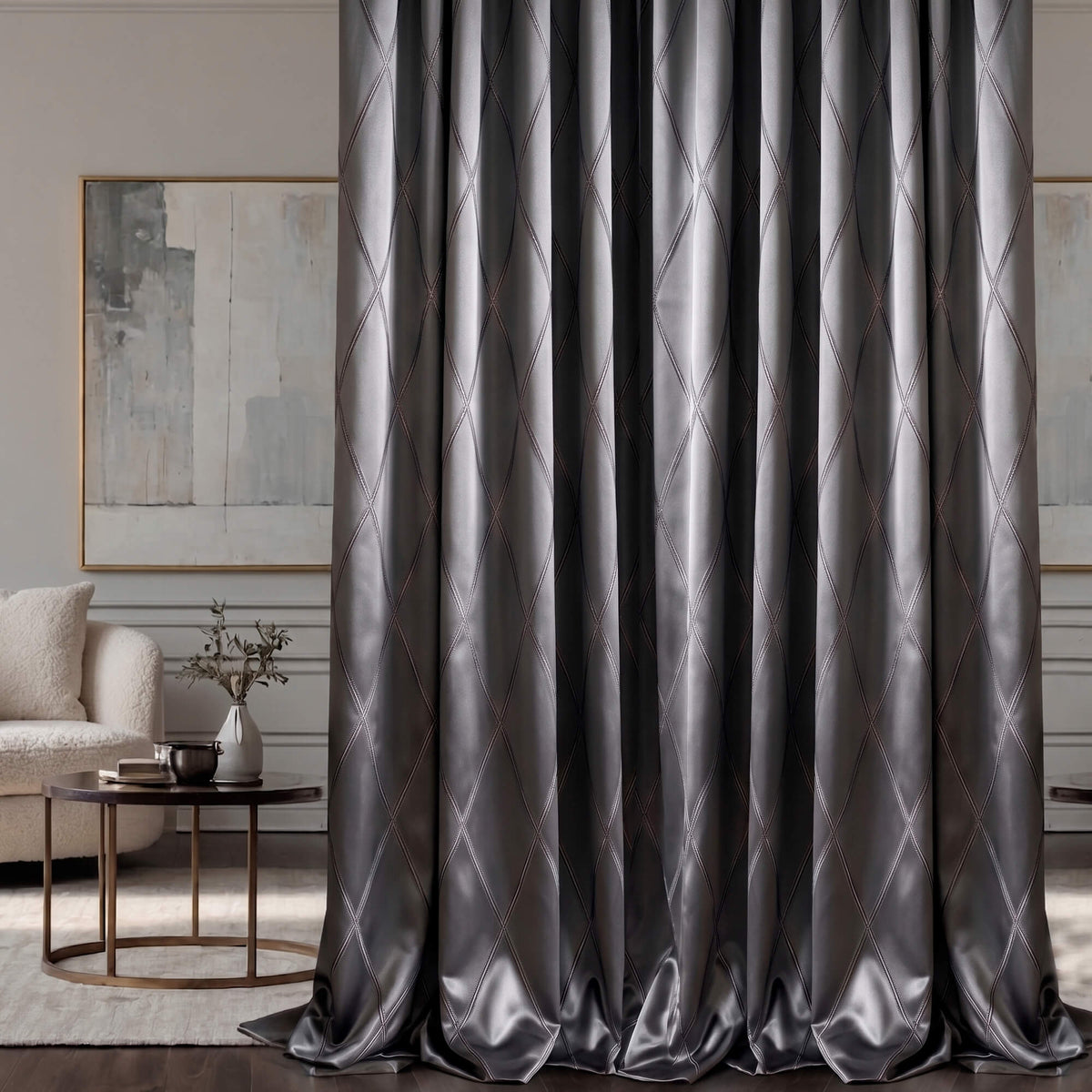 Luxury Grey Geometric Textured Diamond Curtains, Elegant Living Room Window Treatments