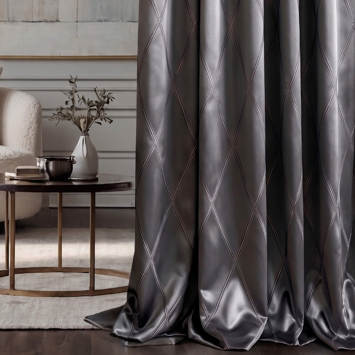 Luxury Grey Geometric Textured Diamond Curtains, Elegant Living Room Window Treatments