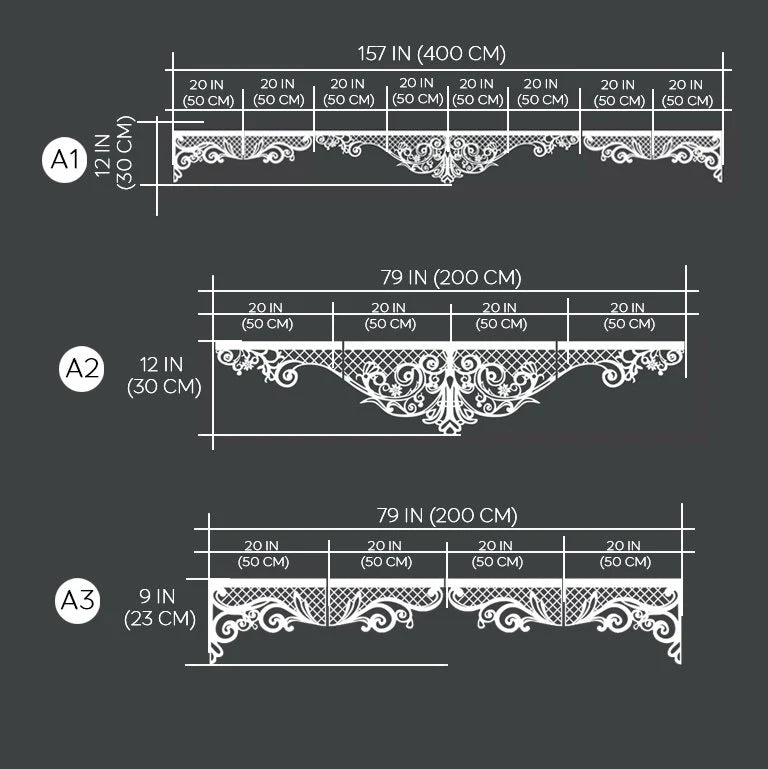 sizes of Openwork Laser Cut Lambrequin for Curtains Decor