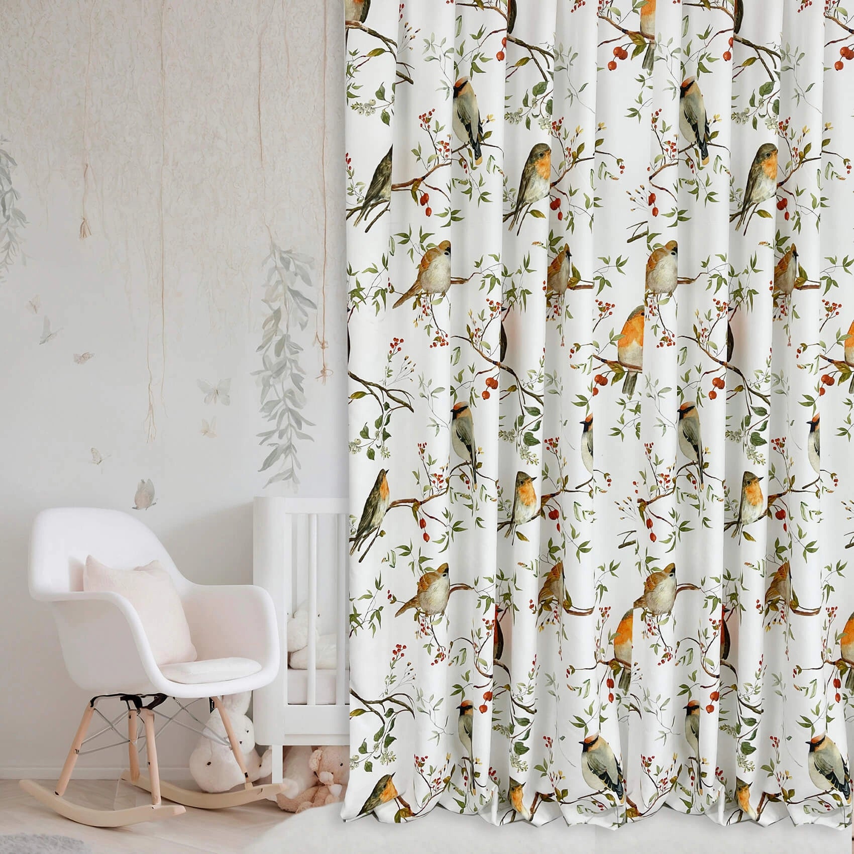 Curtains with Cute Watercolor Birds Pattern, Custom Nursery Curtain Panel