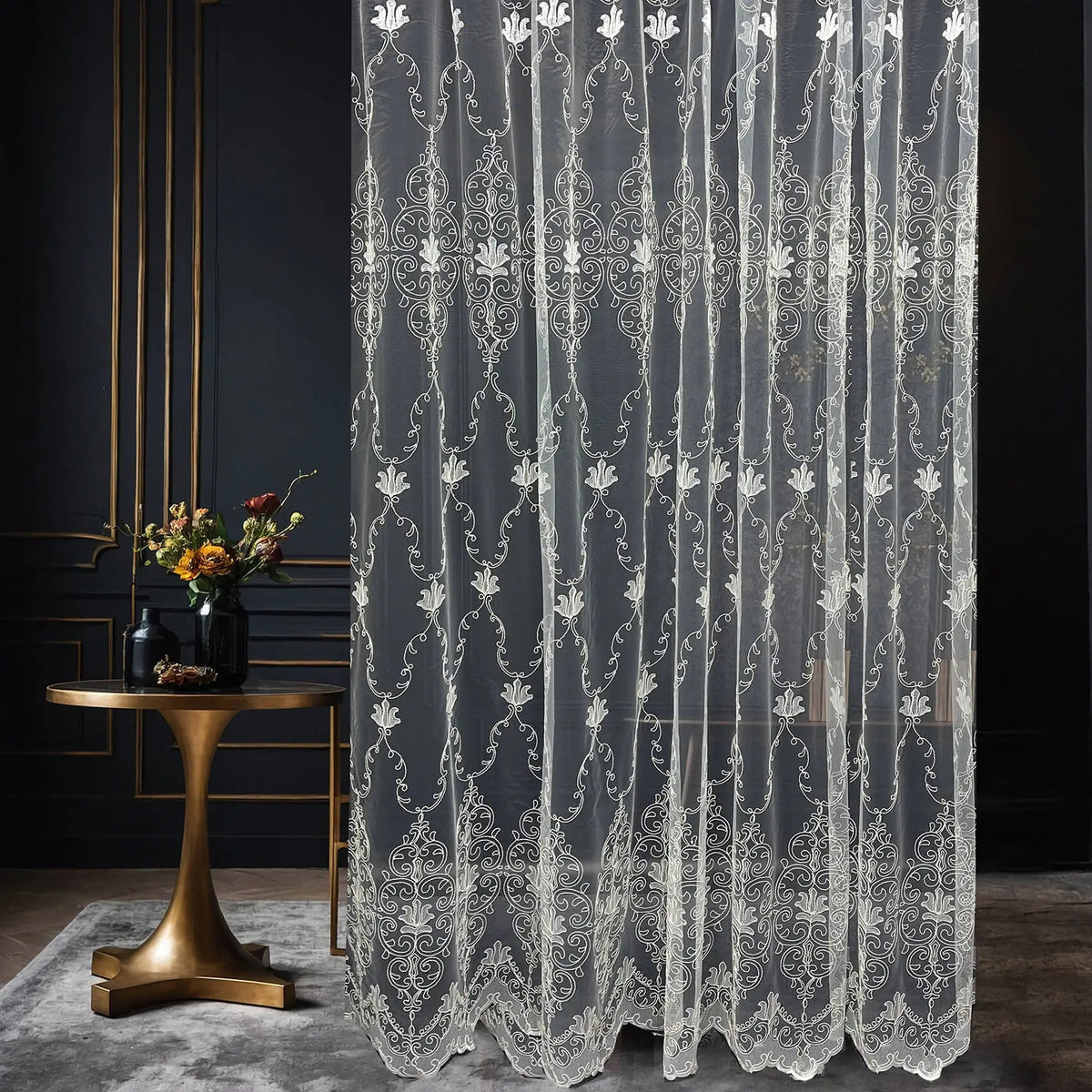 Luxury Off-White Sheer Lace Curtains with Embroidery