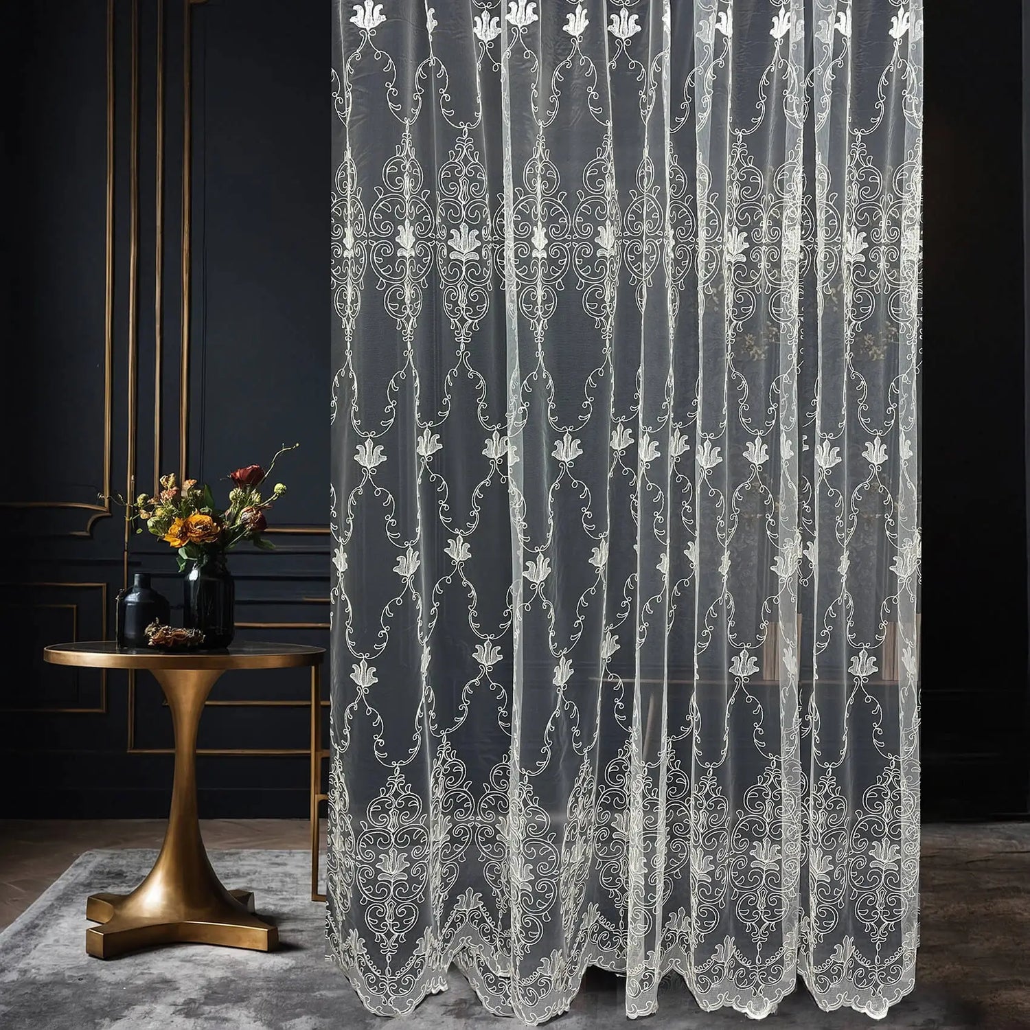 Luxury Off-White Sheer Lace Curtains with Embroidery