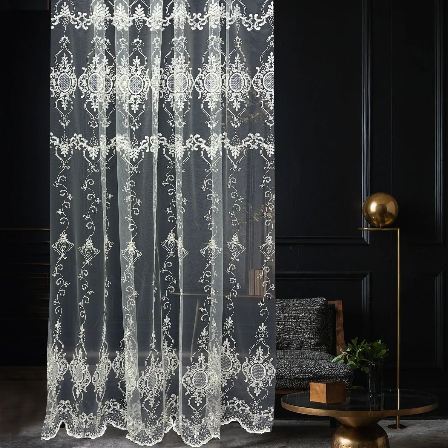 Luxury European Style Off-White Sheer Lace Curtains with Embroidery 