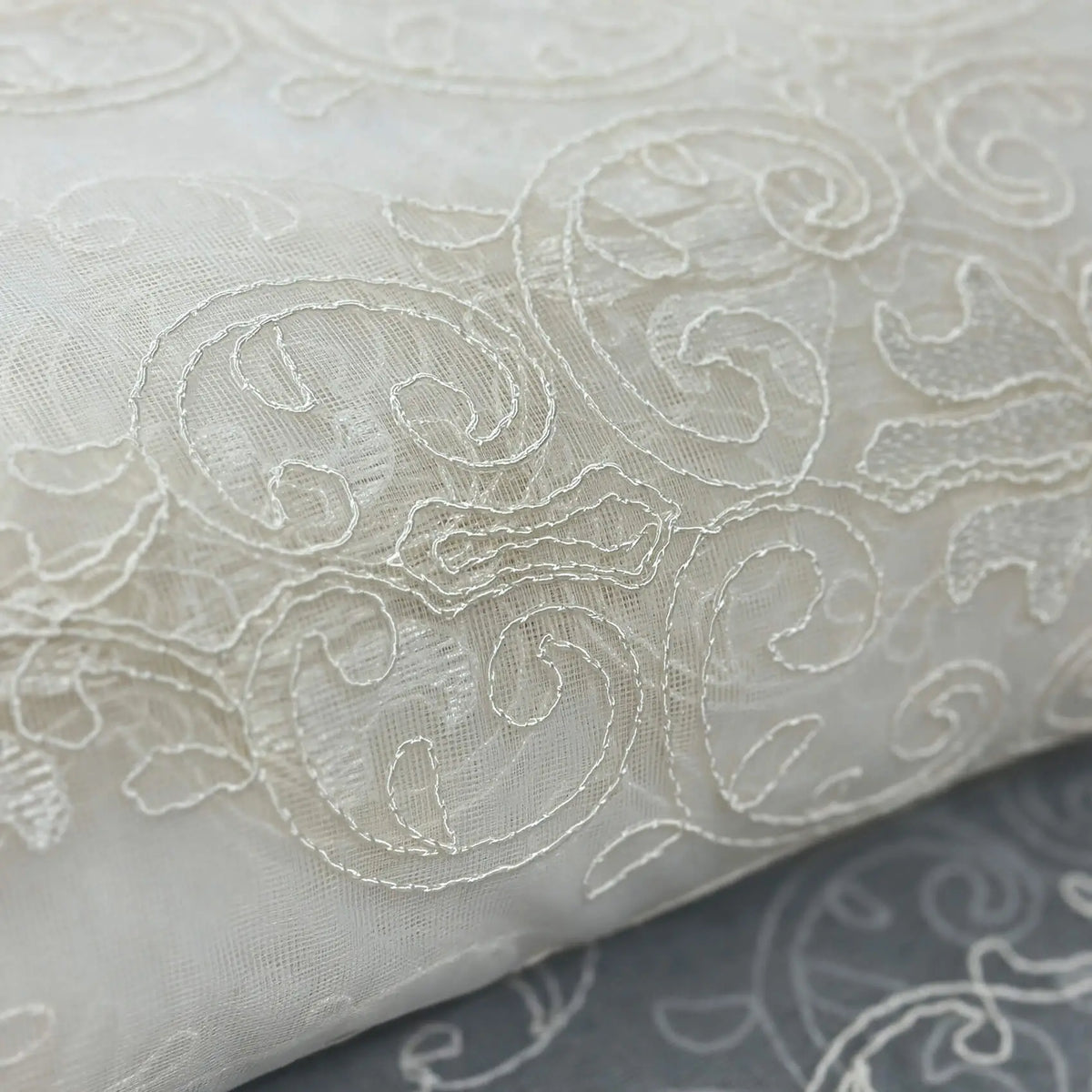 Close-up of embroidered fabric with intricate patterns on a white background