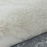 Close-up of embroidered fabric with intricate patterns on a white background