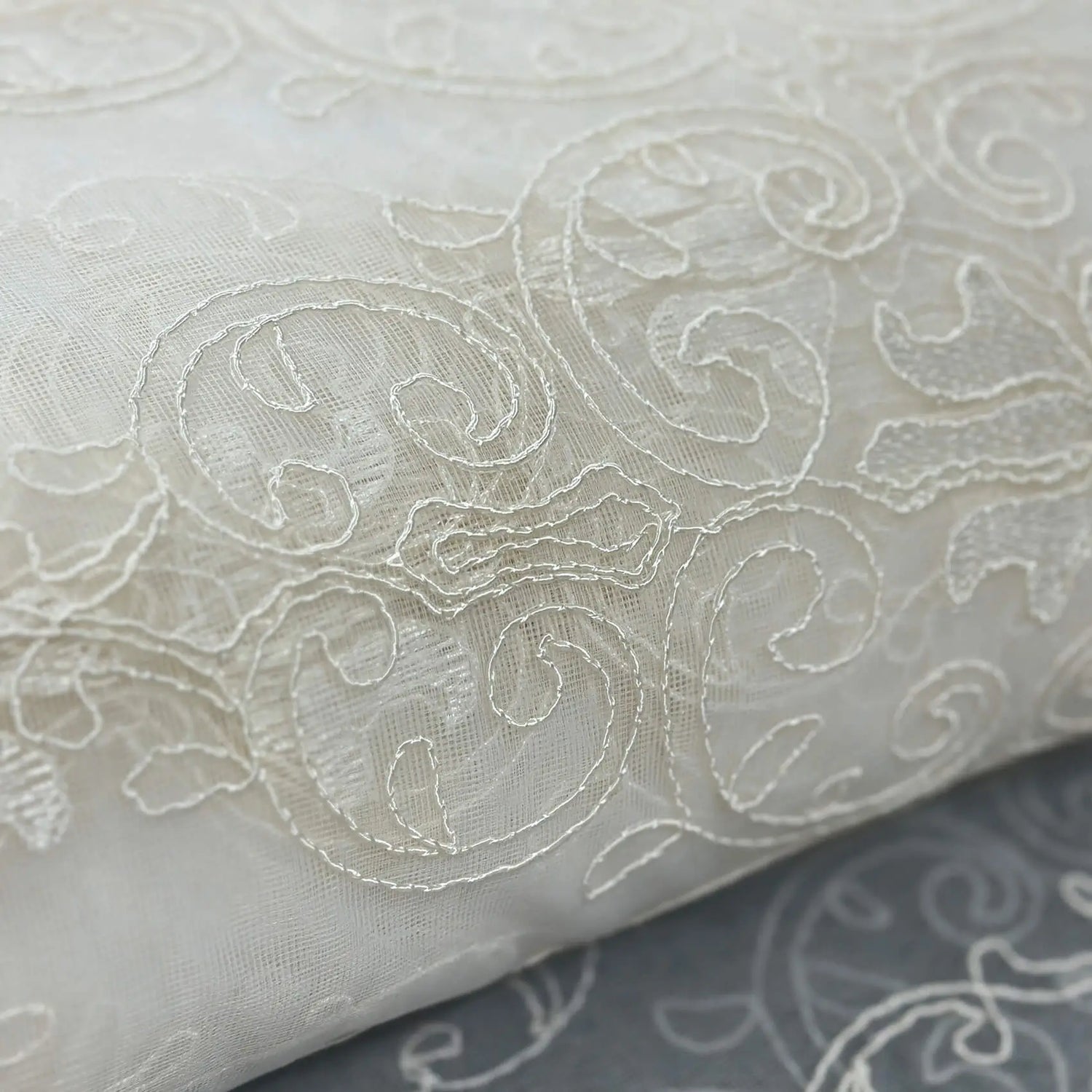 Close-up of embroidered fabric with intricate patterns on a white background