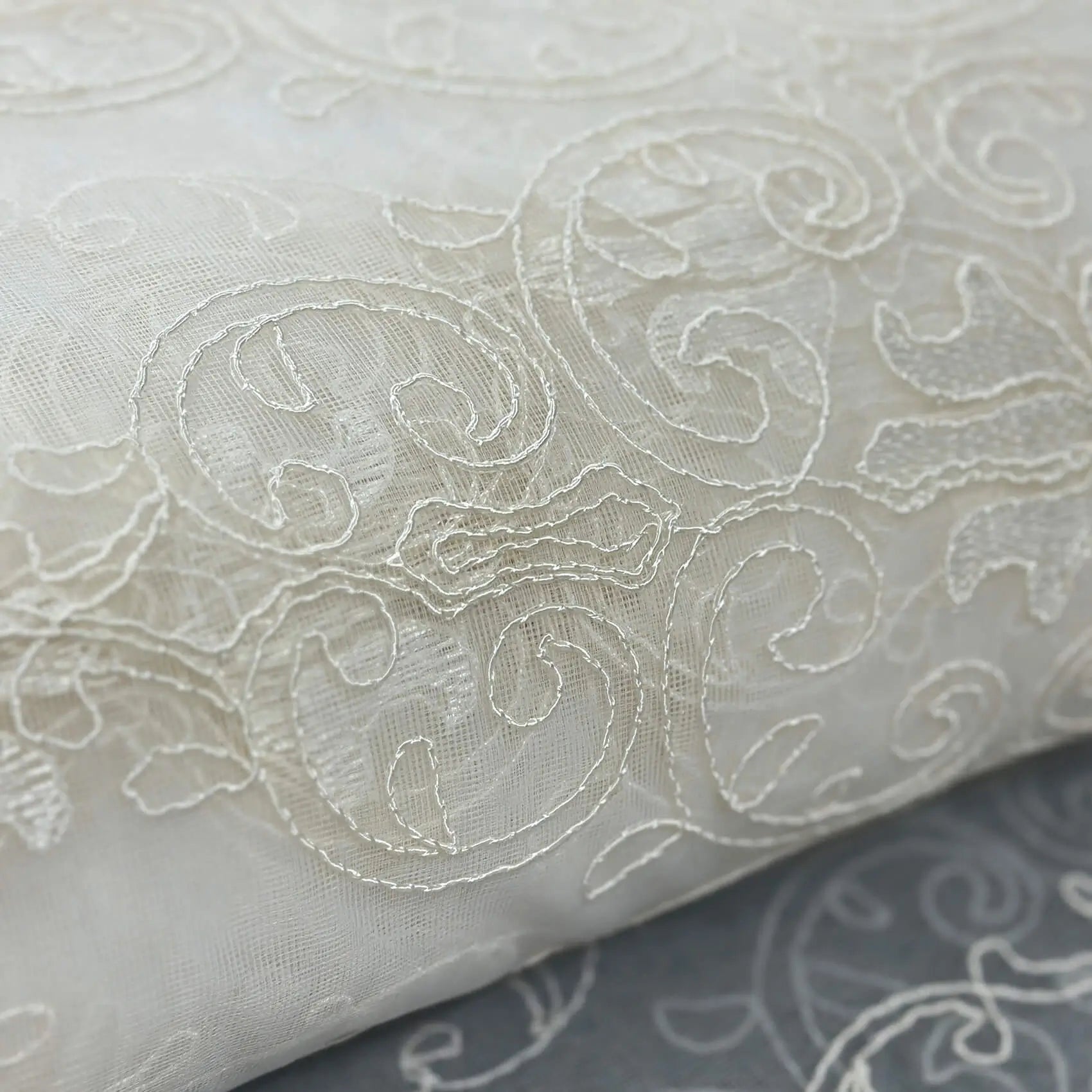 Close-up of embroidered fabric with intricate patterns on a white background