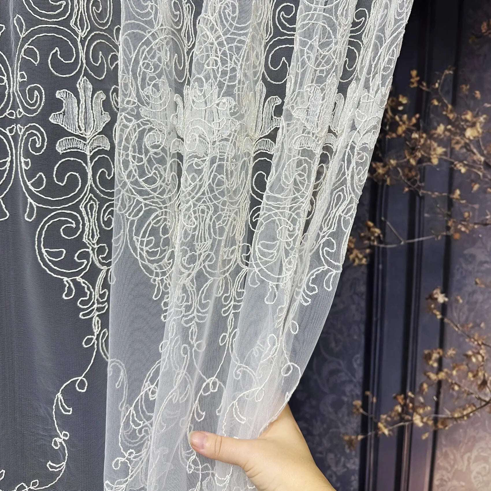 Luxury Off-White Sheer Lace Curtains with Embroidery