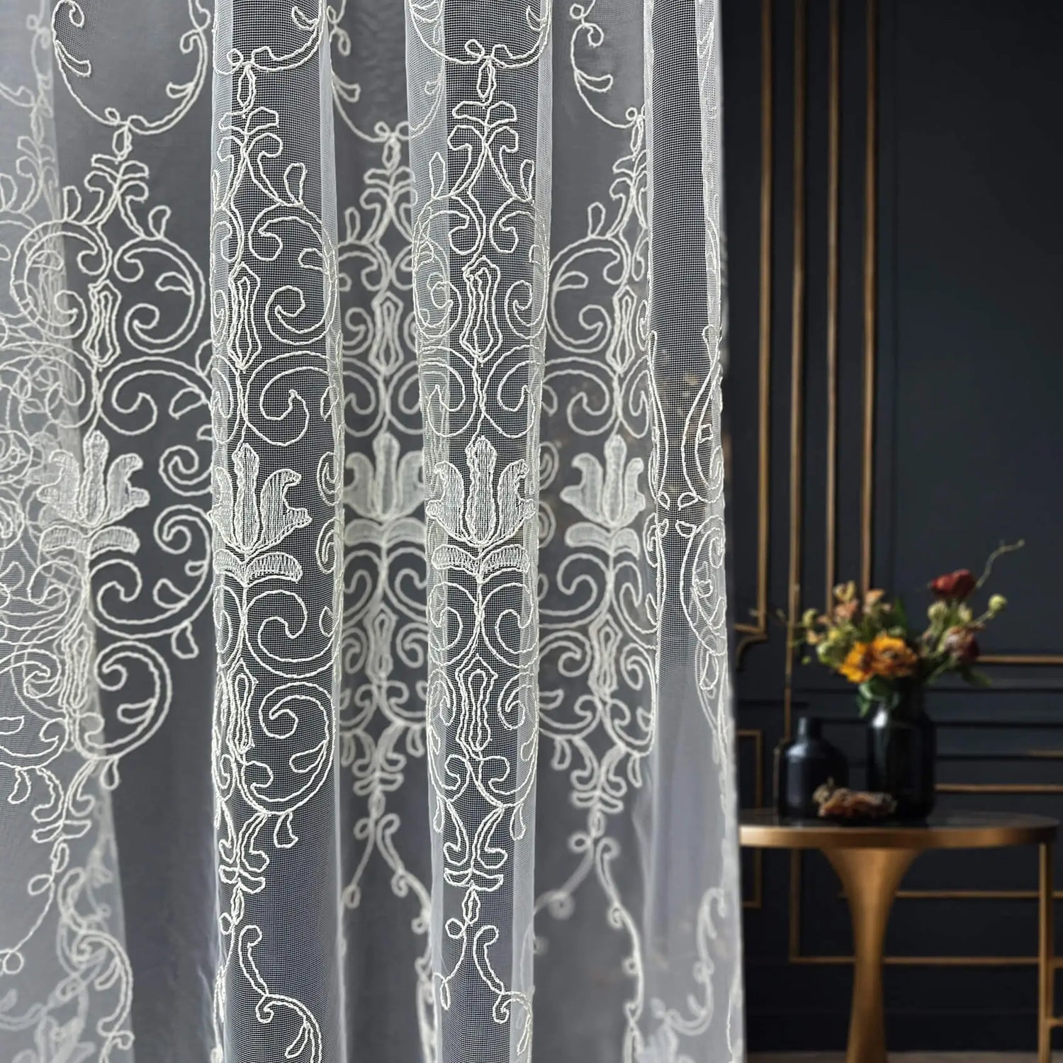 Luxury Off-White Sheer Lace Curtains with Embroidery