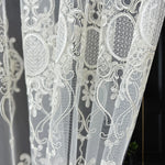 Close-up of white lace fabric with intricate patterns on a dark background