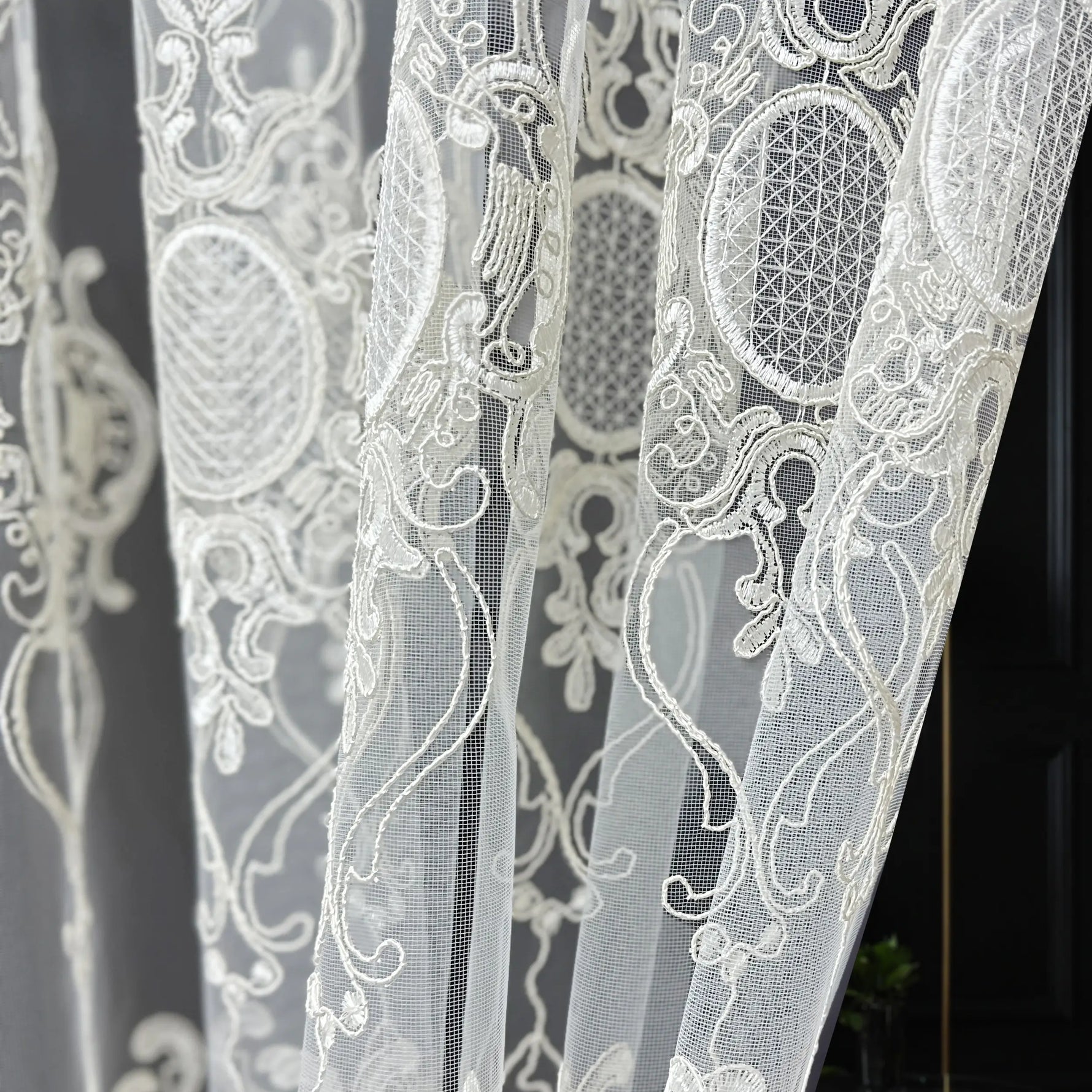 Close-up of white lace fabric with intricate patterns on a dark background