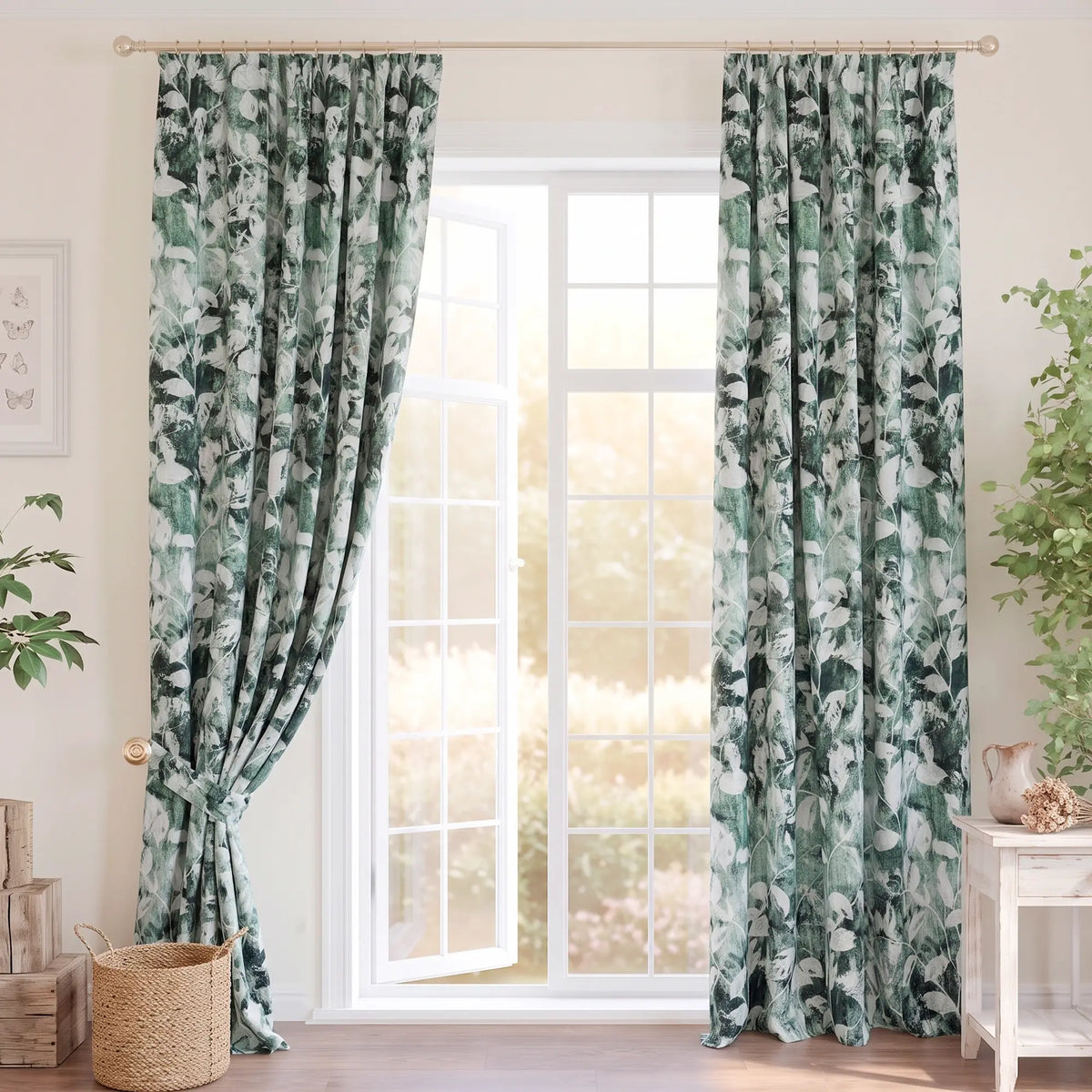 Watercolor Leaf Curtains: Sage Green Patterned Window Panels