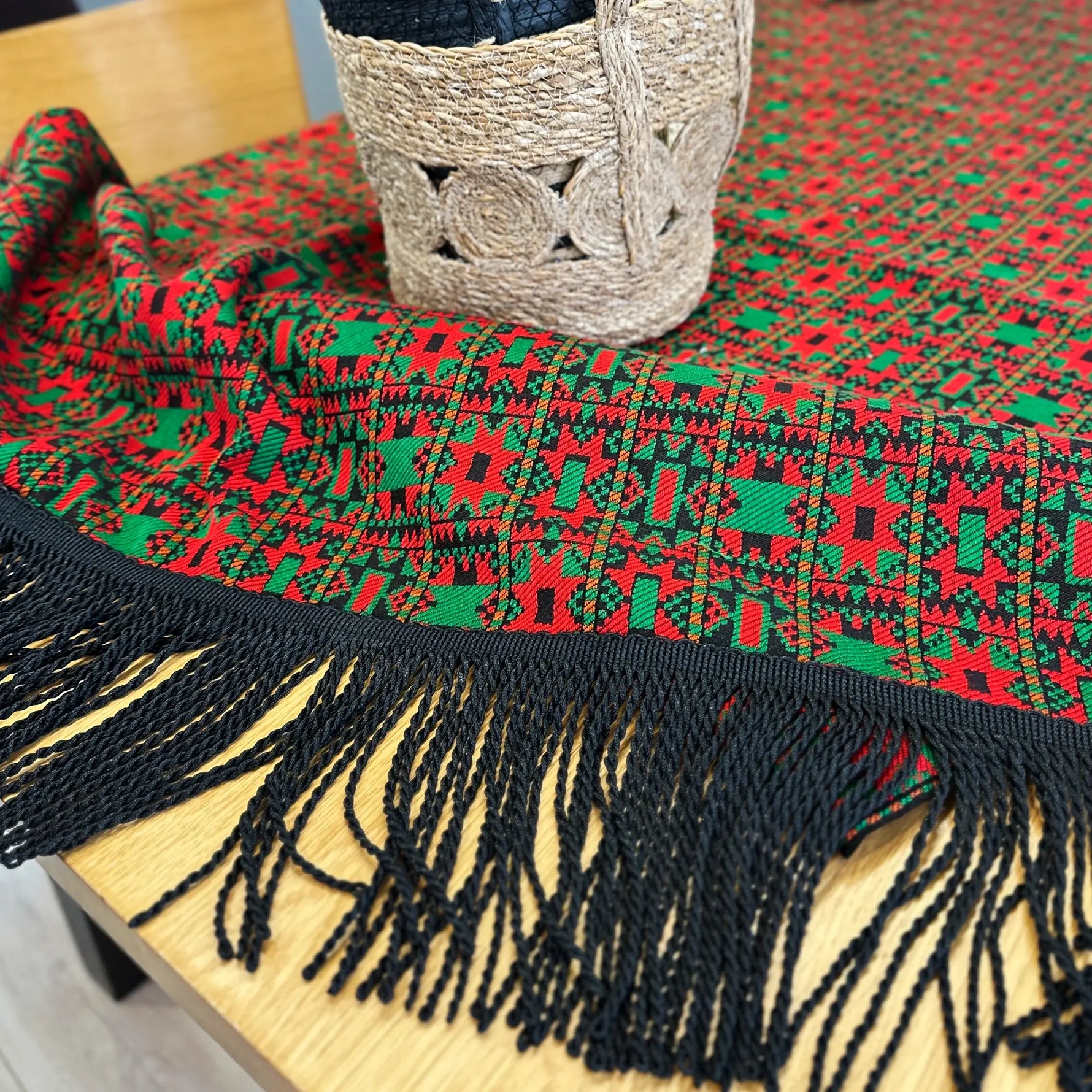 Custom Large Vintage Tapestry Fringe Tablecloth, Red / Green