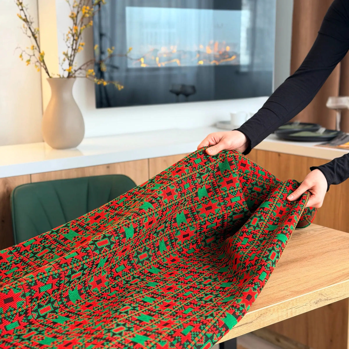 Custom Large Vintage Tapestry Fringe Tablecloth, Red / Green