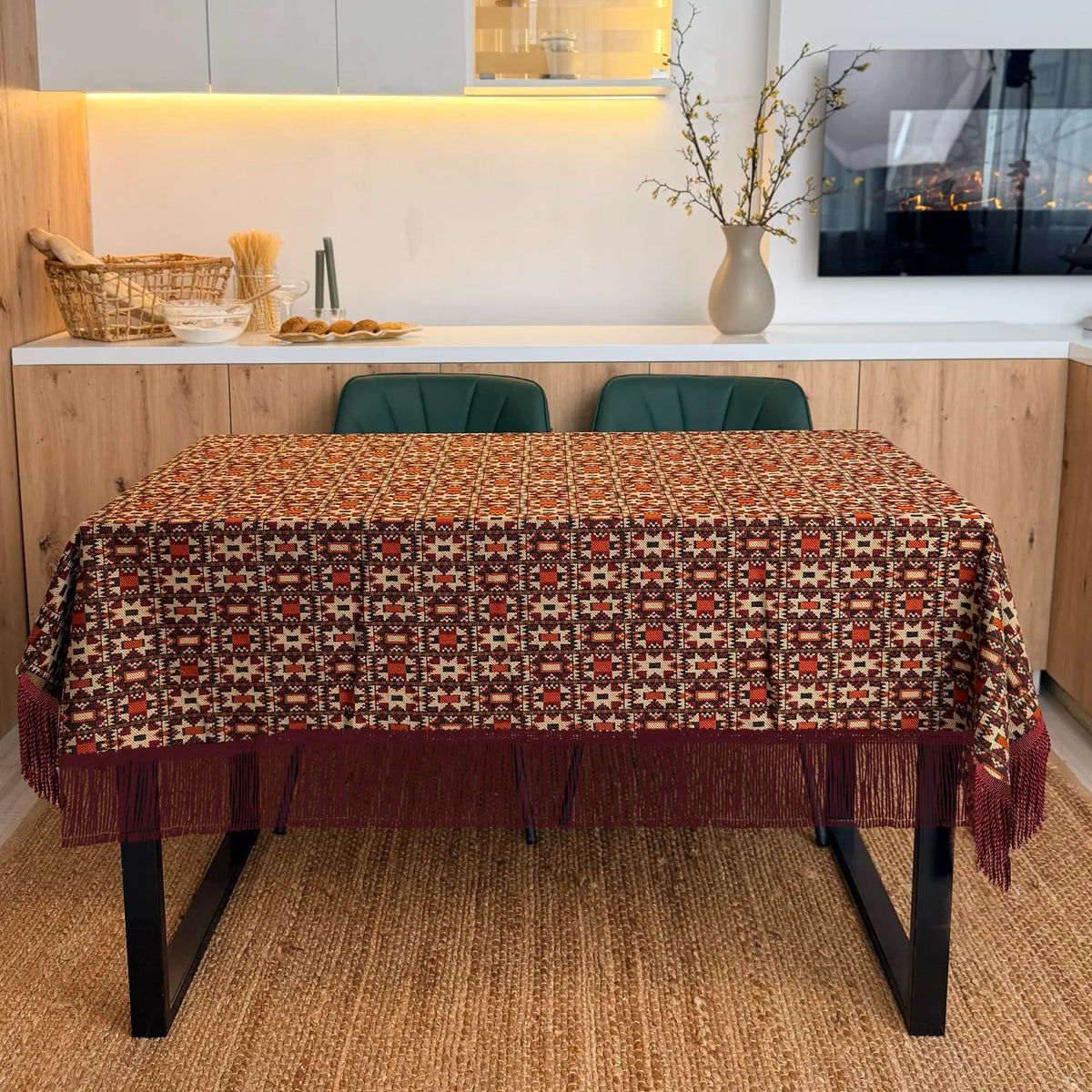 Custom Large Geometric Vintage Tapestry Fringe Tablecloth, Burgundy / Beige
