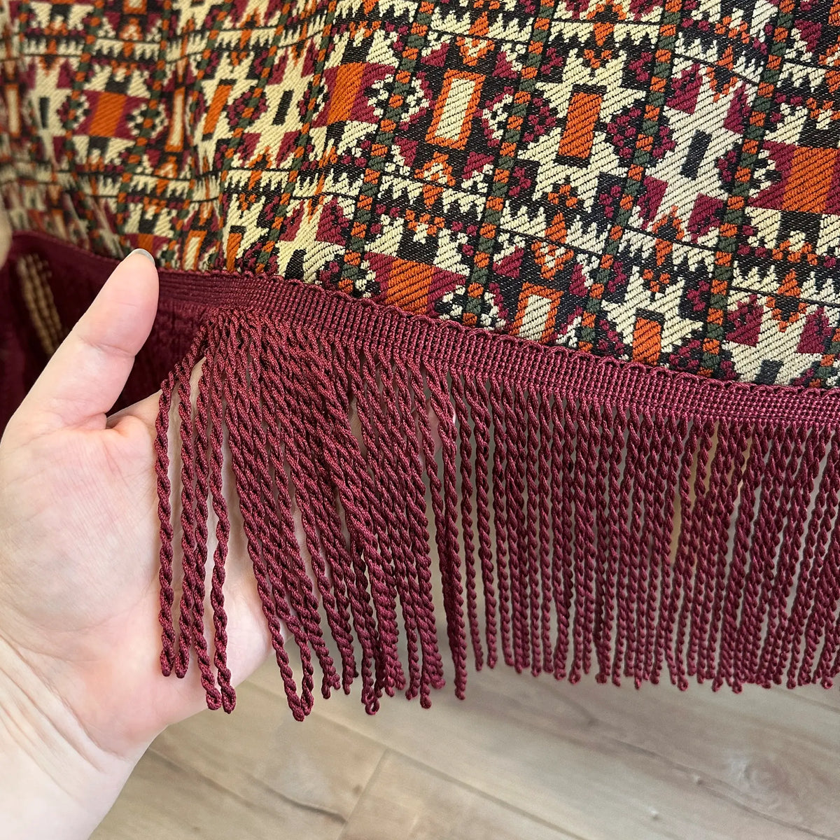Custom Large Geometric Vintage Tapestry Fringe Tablecloth, Burgundy / Beige