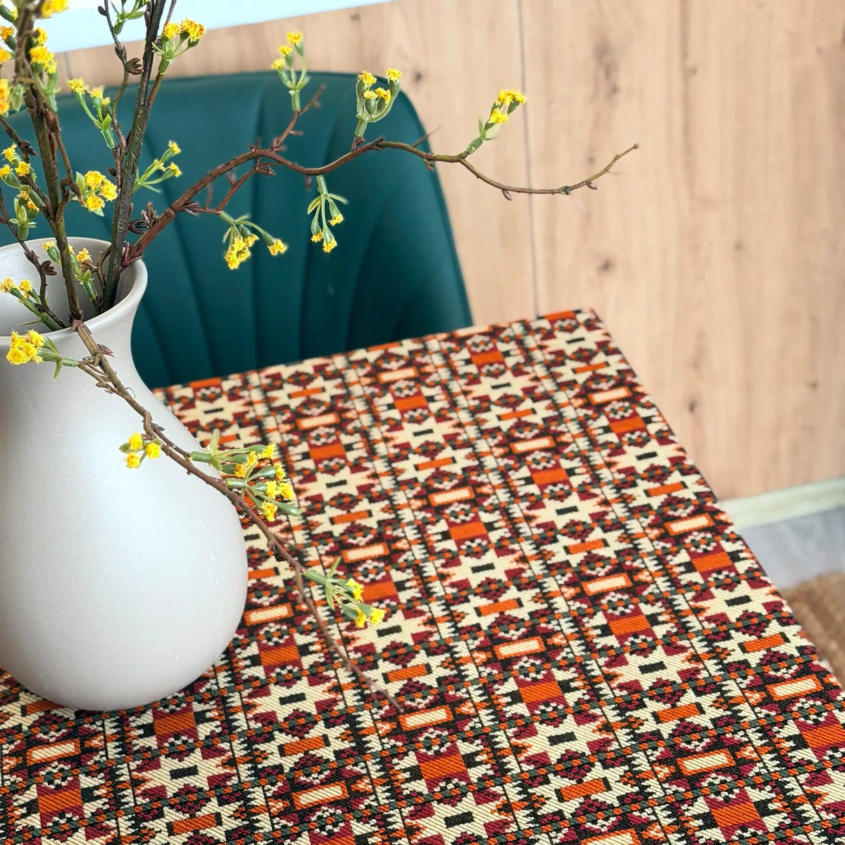 Custom Large Geometric Vintage Tapestry Fringe Tablecloth, Burgundy / Beige