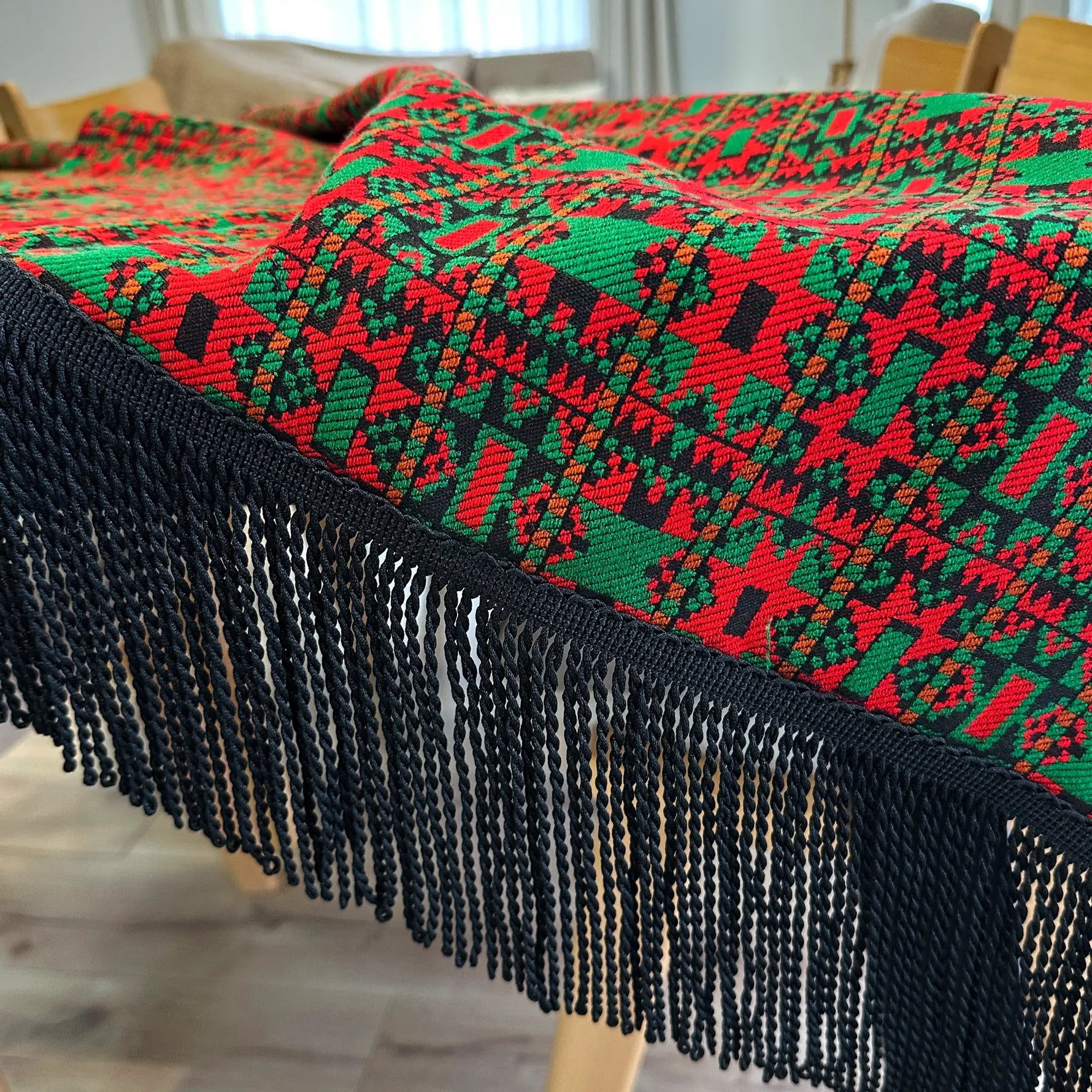 Custom Large Vintage Tapestry Fringe Tablecloth, Red / Green
