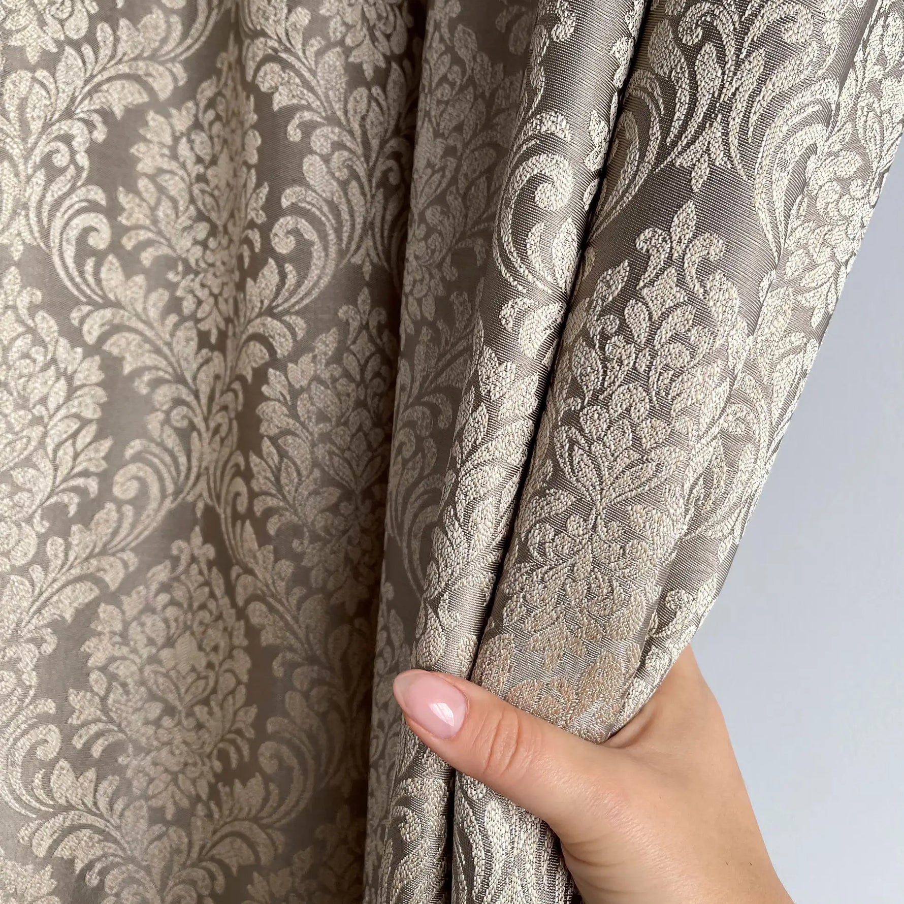 fabric for Jacquard Damask Curtains in Luxury Bohemian Style with Taupe Beige Crown Pattern