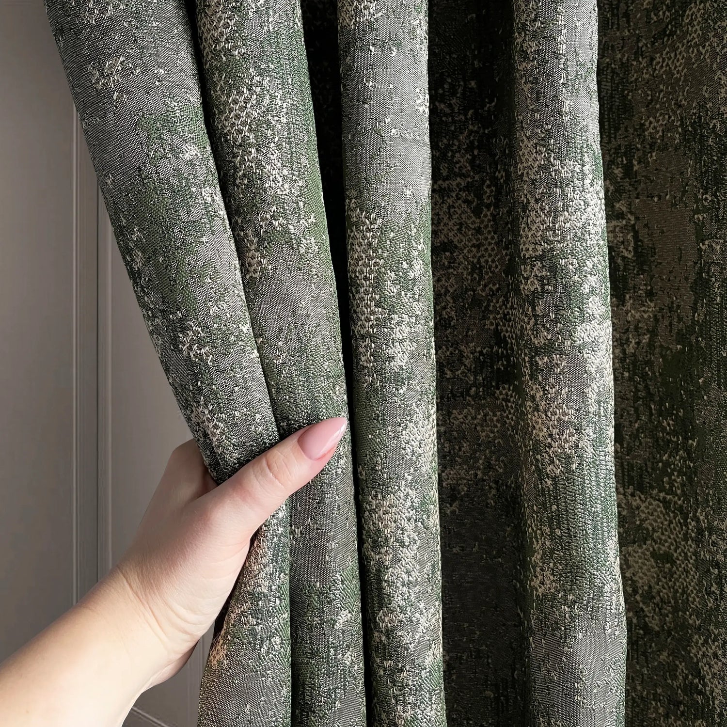 Curtains Custom with a Rich Texture of Plaster in Green, Modern Luxury Bohemian Style 