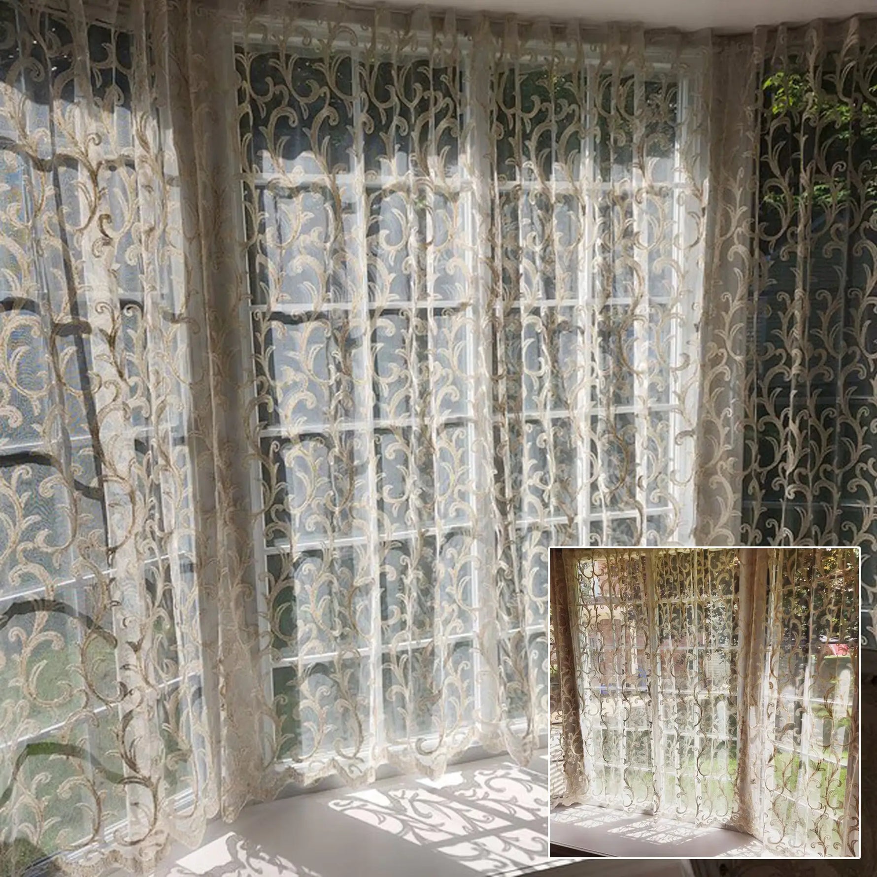 Sheer Curtains with Thick Damask Embroidery