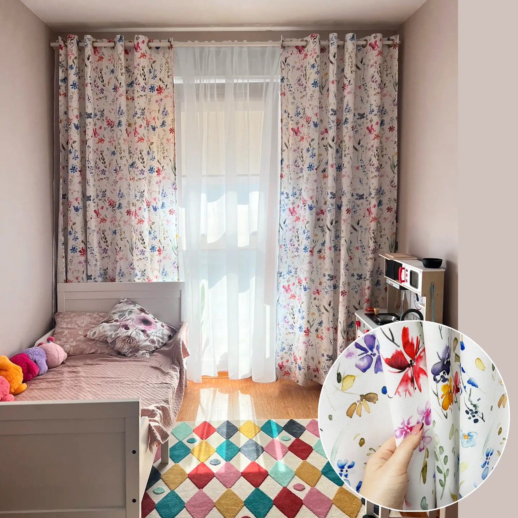 Floral Curtains for Kids Bedroom, Nursery, Custom Made Light Colorful 