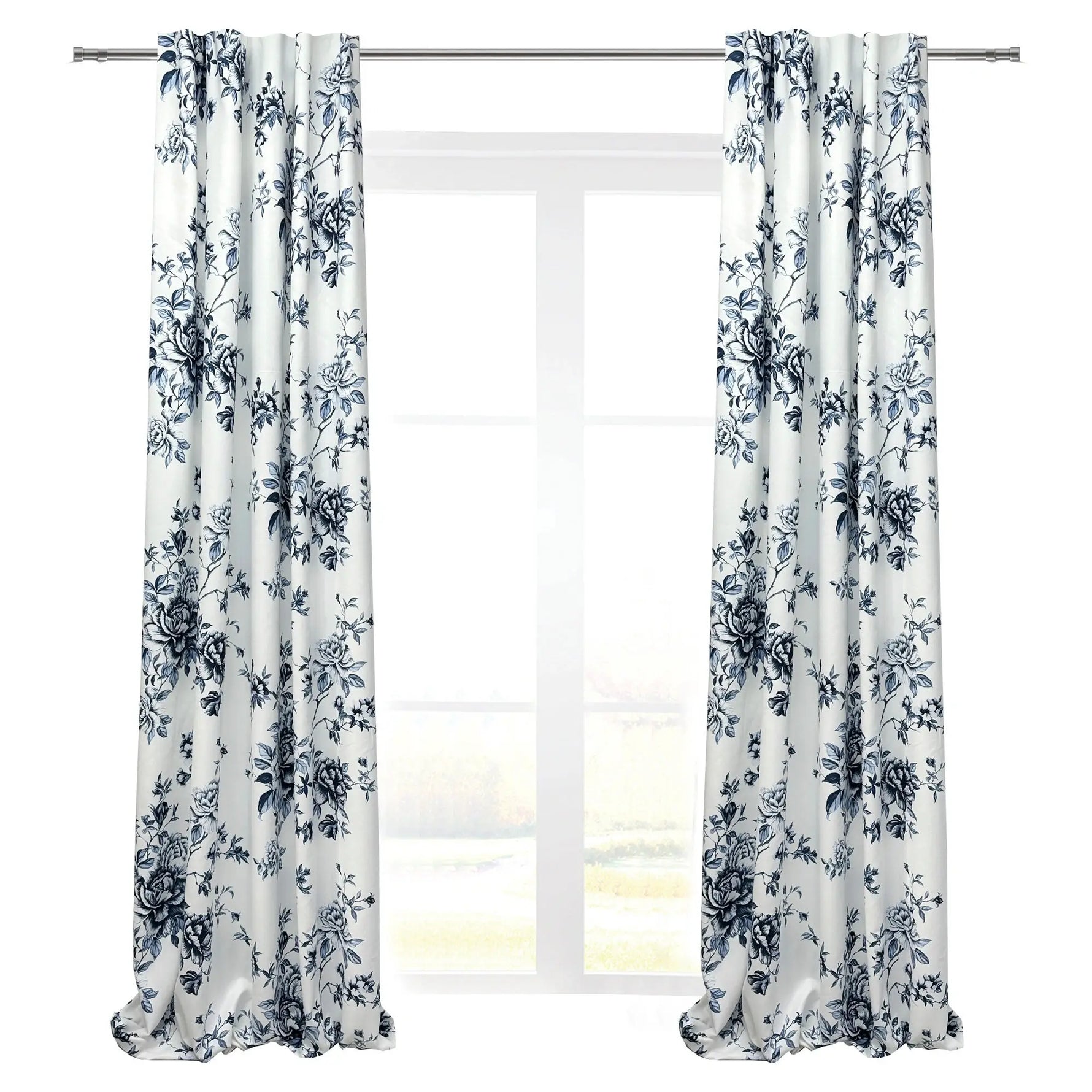 Curtains Maiolica Style with Blue Floral Toile Pattern, Chinoiserie Rose 