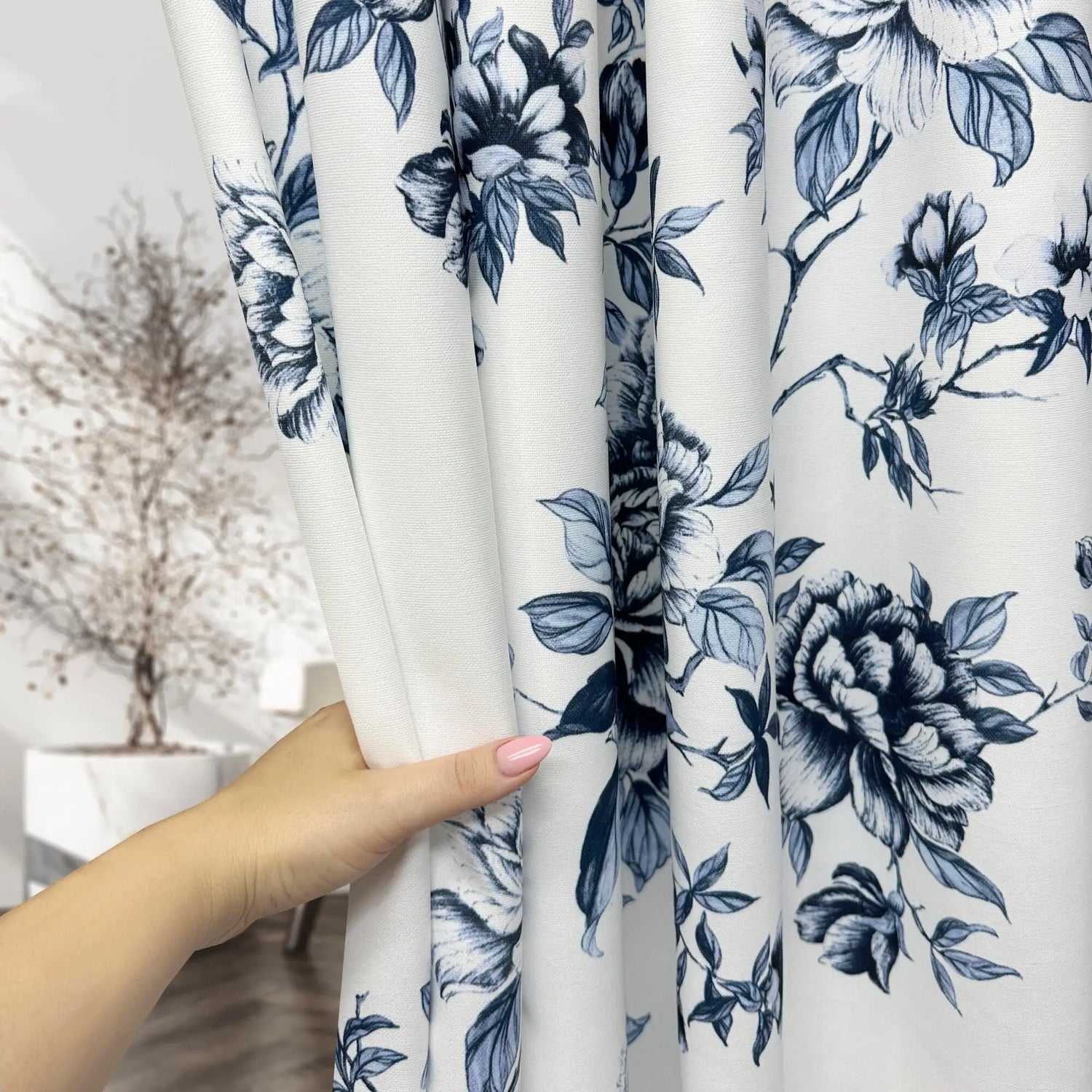 Curtains Maiolica Style with Blue Floral Toile Pattern, Chinoiserie Rose 