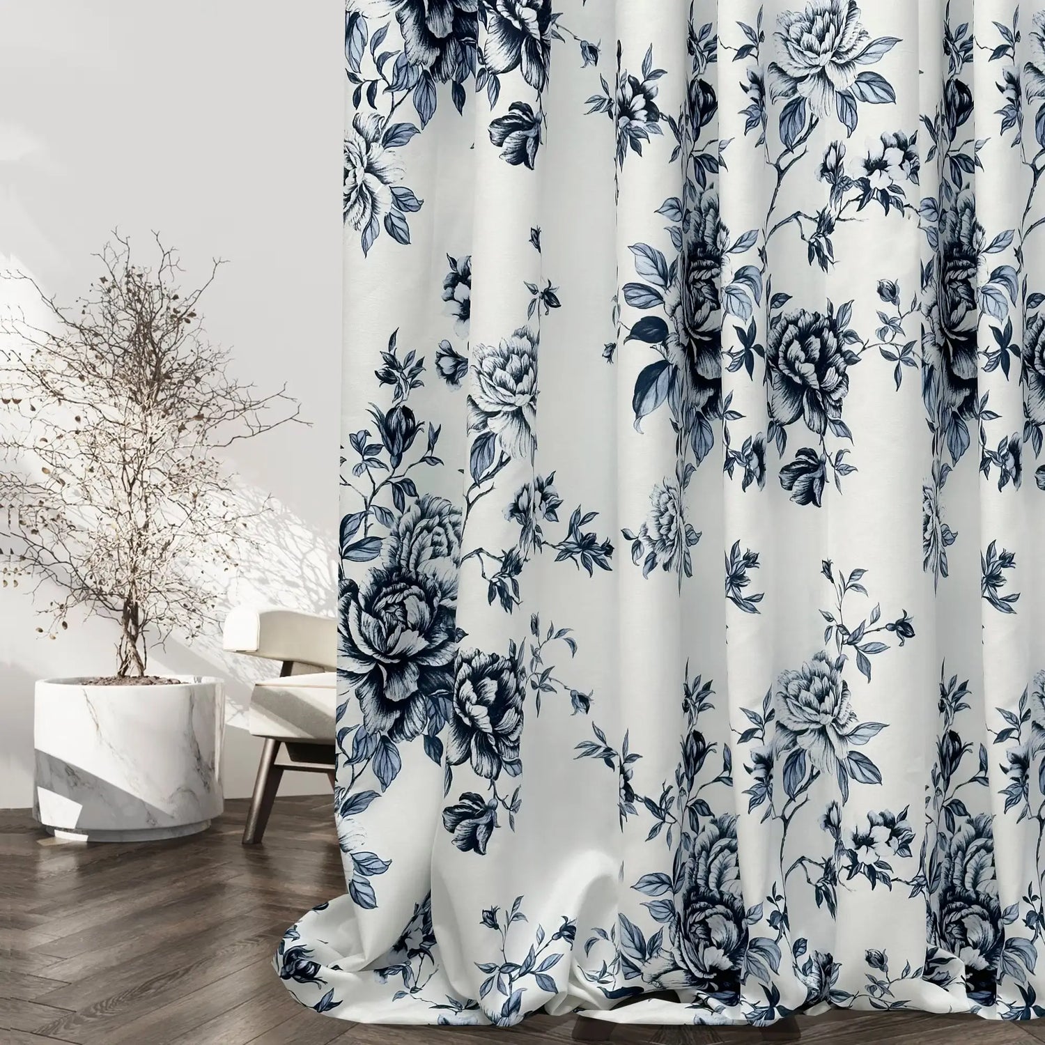 Curtains Maiolica Style with Blue Floral Toile Pattern, Chinoiserie Rose 