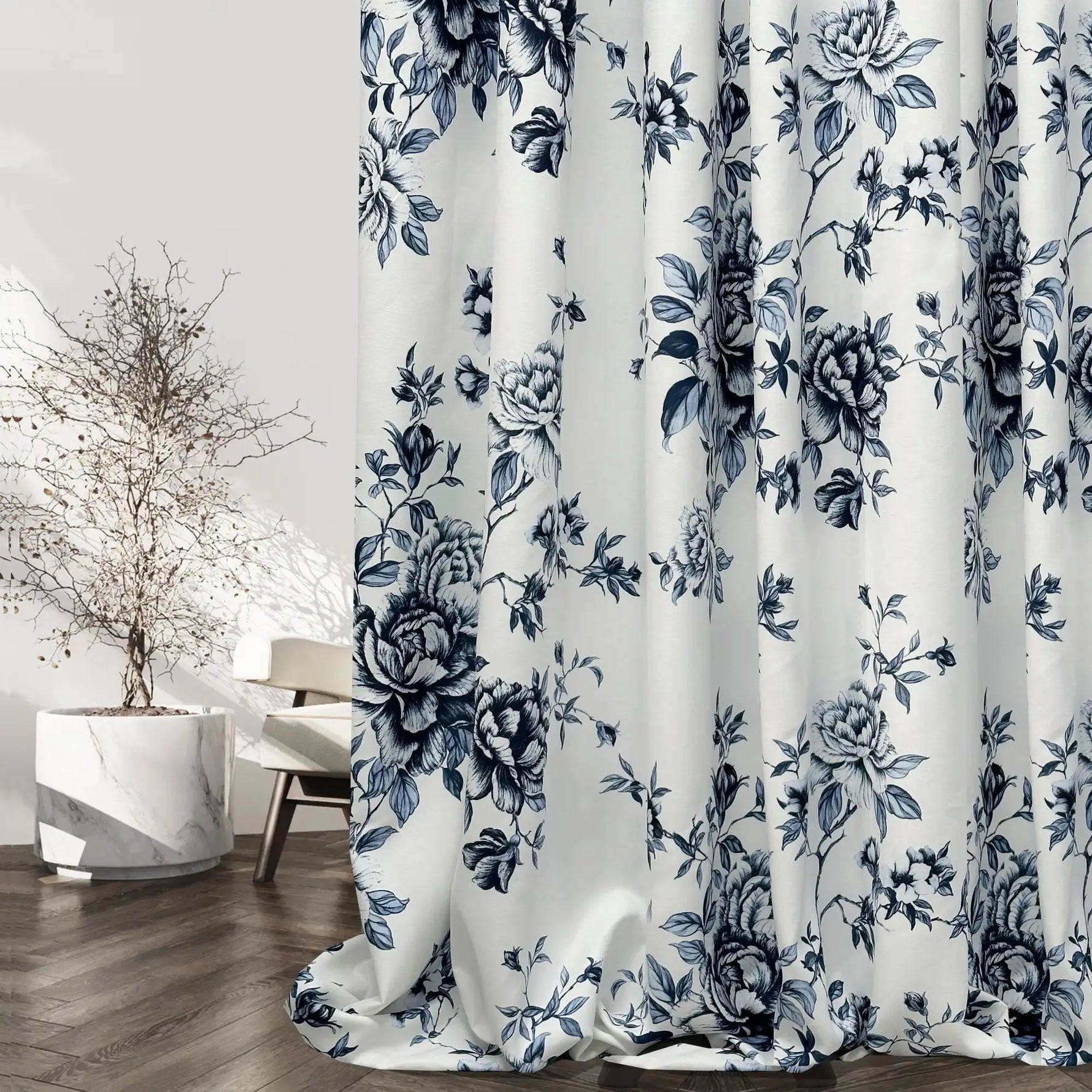 Curtains Maiolica Style with Blue Floral Toile Pattern, Chinoiserie Rose 