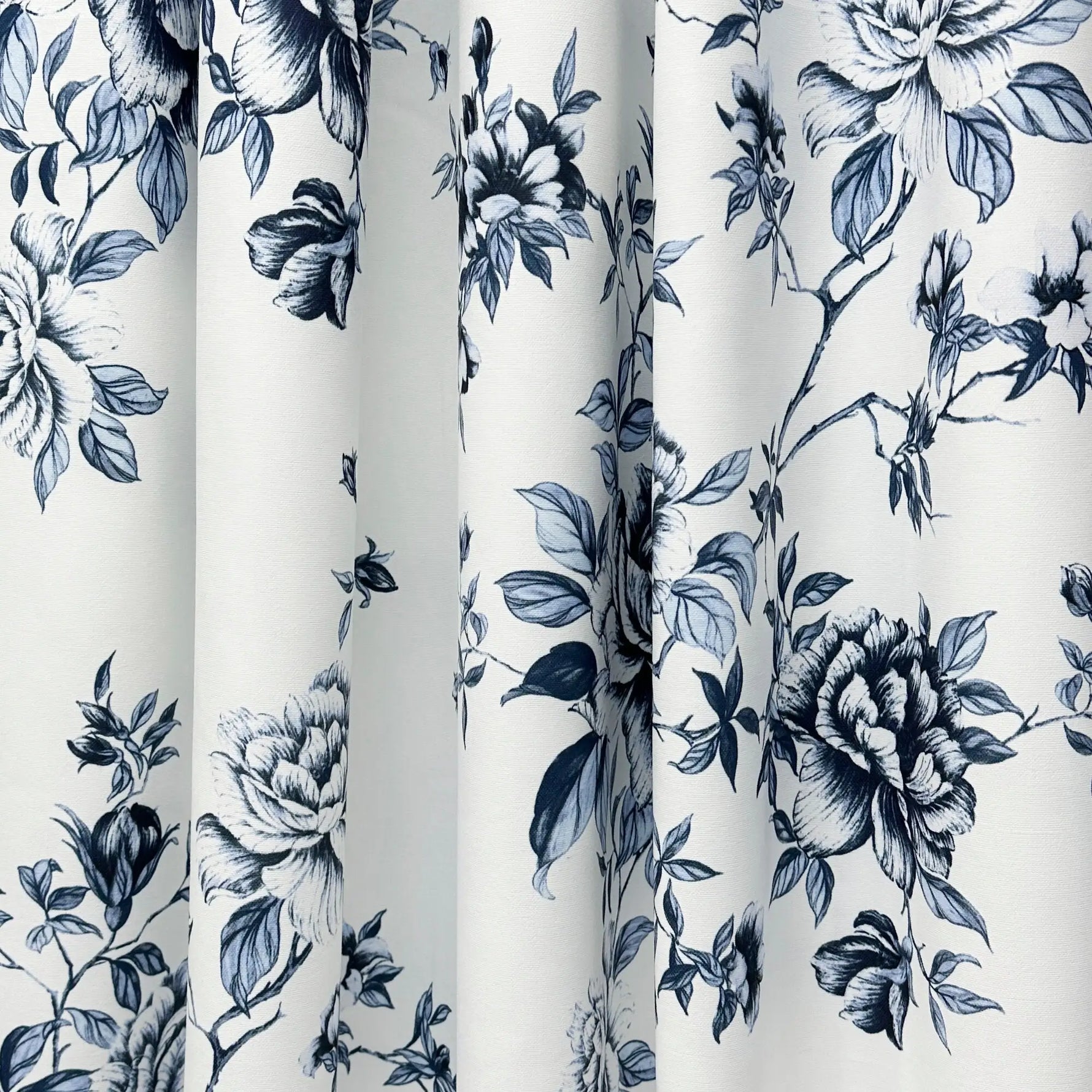 Curtains Maiolica Style with Blue Floral Toile Pattern, Chinoiserie Rose 