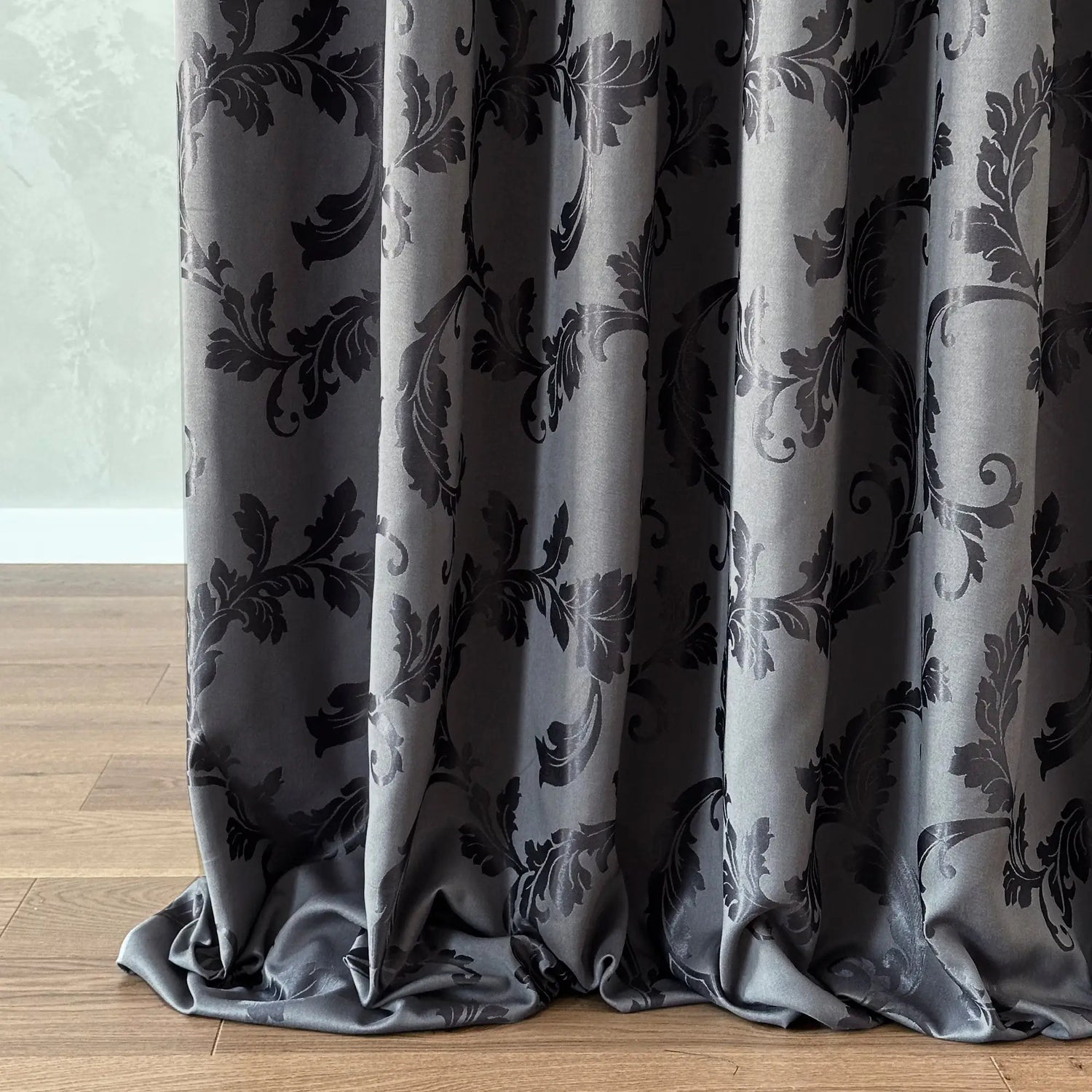 Cotton Curtain Panels Custom with Damask Charcoal Gray Floral Pattern