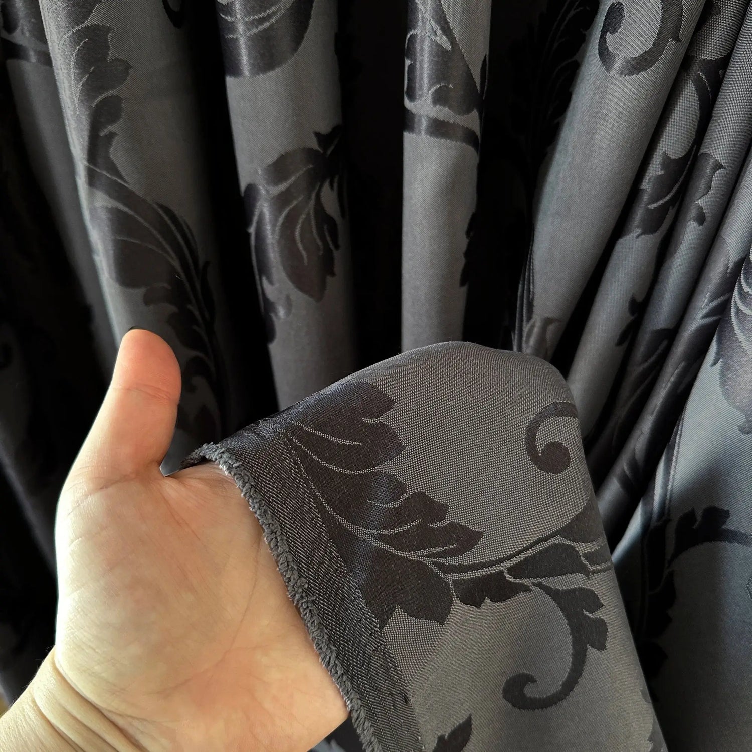 Cotton Curtain Panels Custom with Damask Charcoal Gray Floral Pattern