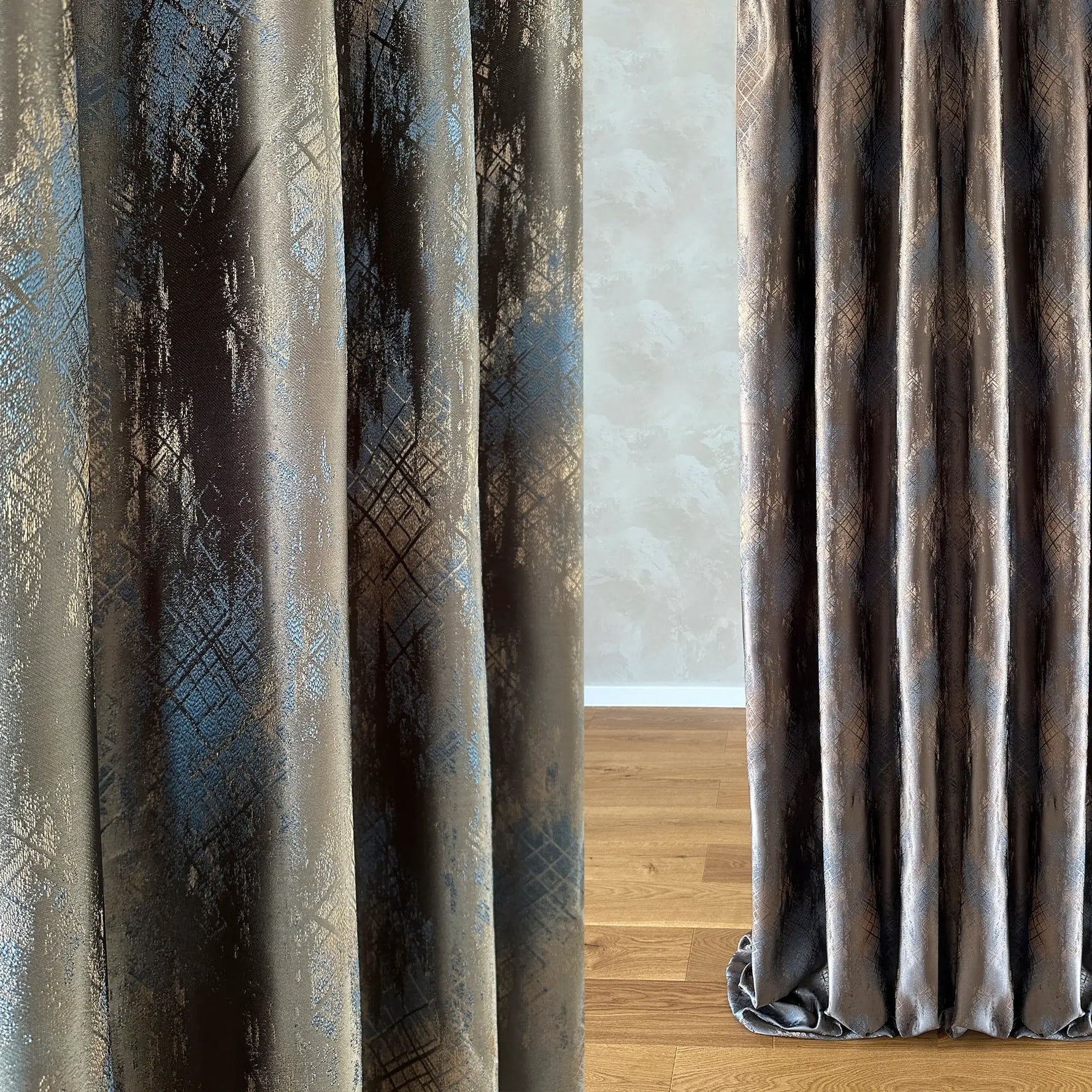 Сurtains Abstract Patterned, Custom Made for Modern Window Decor, Brown Gray with Blue Accents